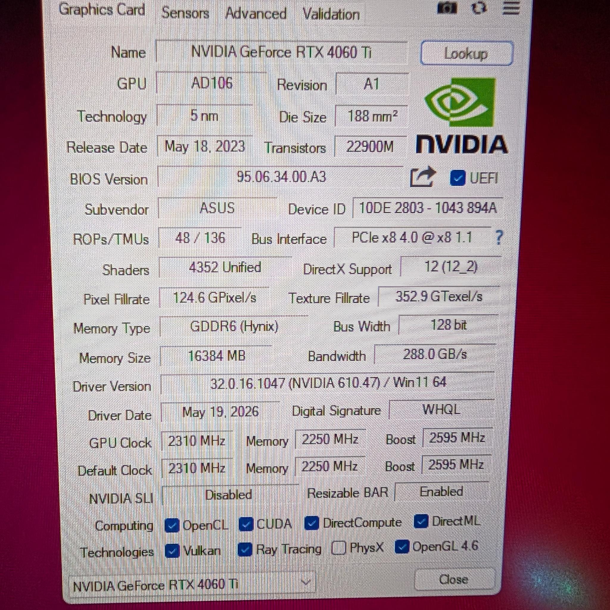 Asus DUAL OC GeForce RTX 4060 Ti 16GB GPU