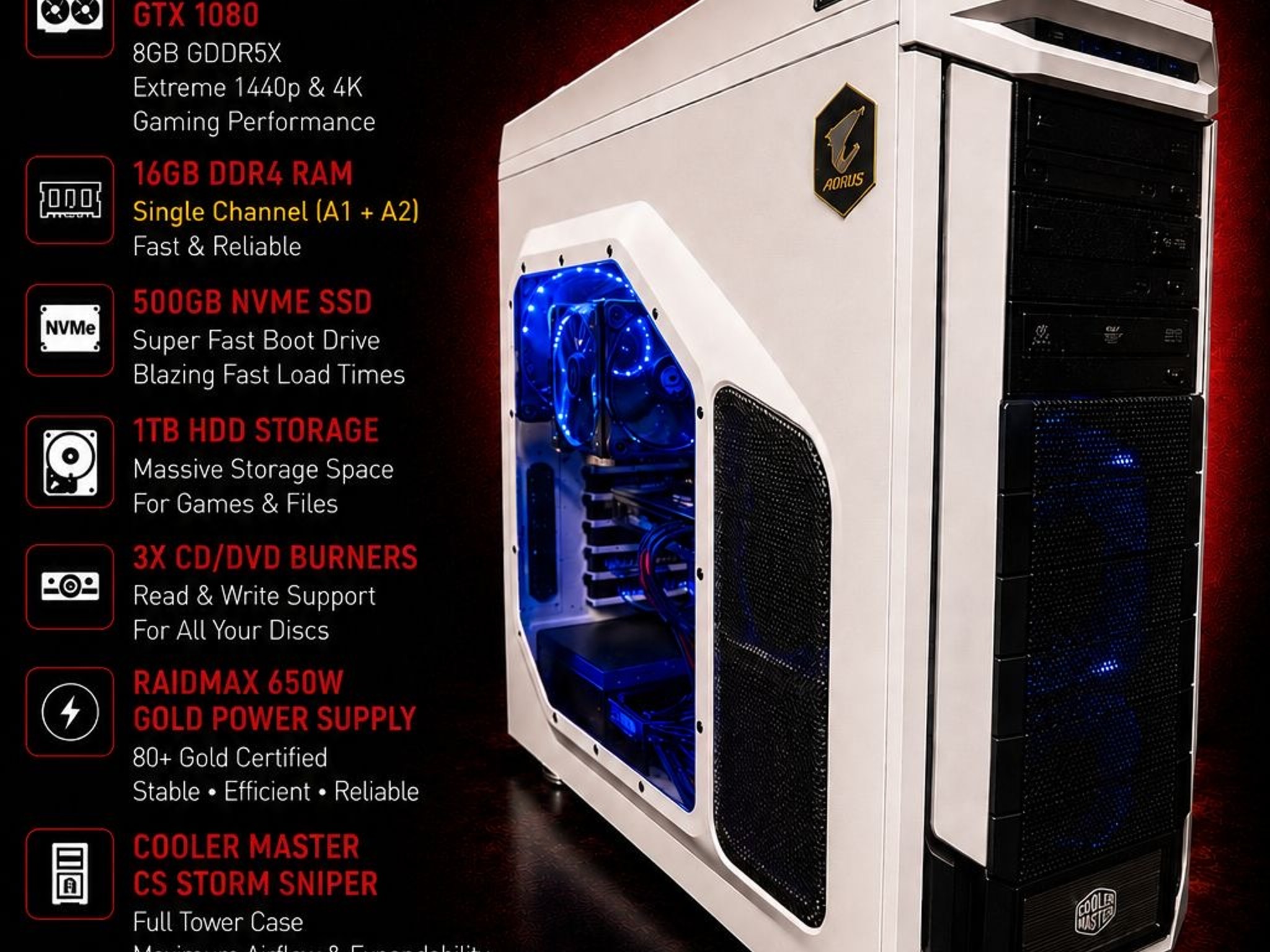 Gaming PC Ryzen 7 1700X GTX 1080 8GB 16GB RAM 500GB NVMe + 1TB HDD Win11 Pro