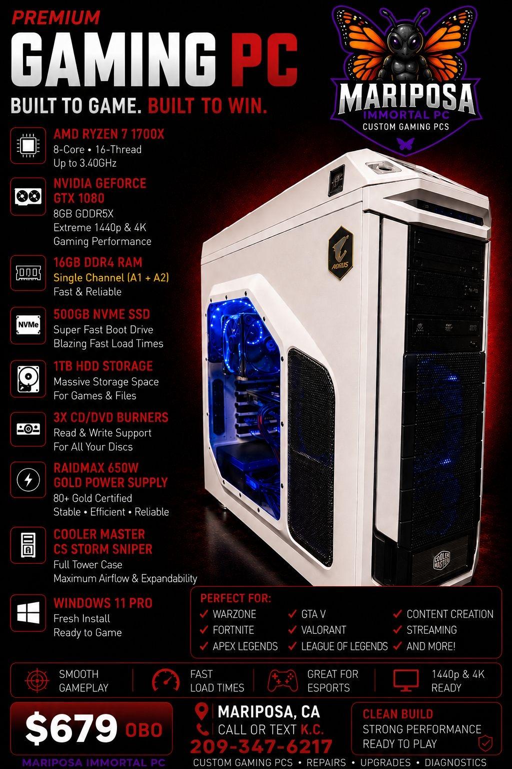 Gaming PC Ryzen 7 1700X GTX 1080 8GB 16GB RAM 500GB NVMe + 1TB HDD Win11 Pro