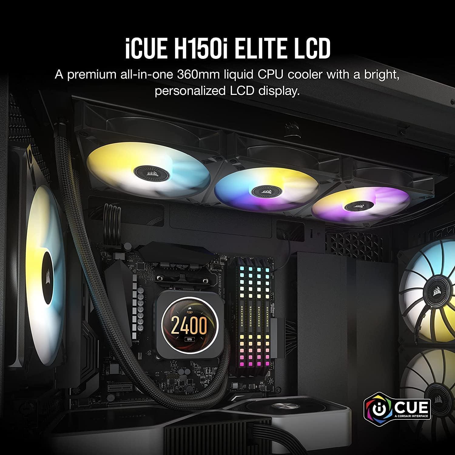 Corsair H150i Elite LCD AIO Liquid Cooler - LCD Screen - 360mm Black