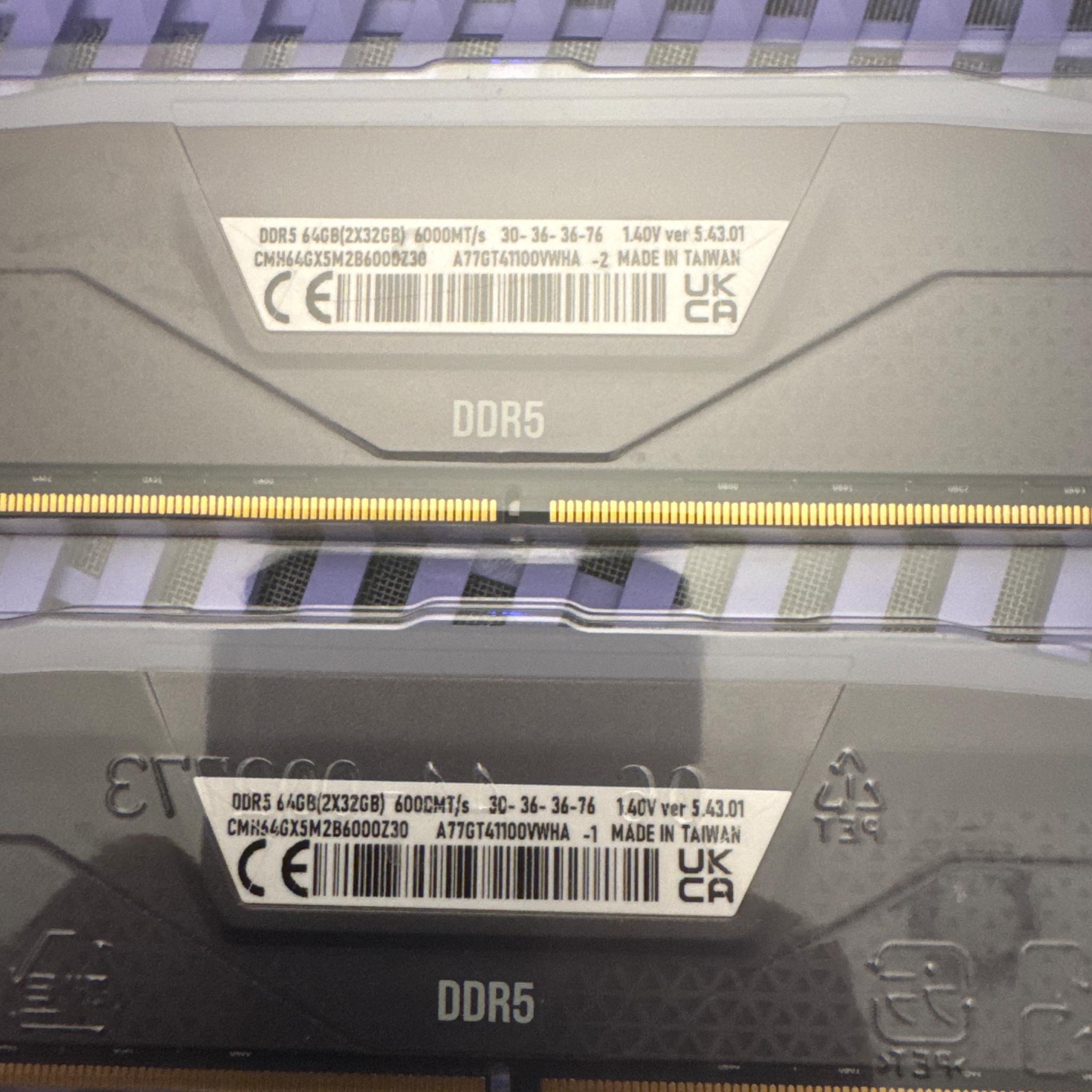 Corsair Vengeance DDR5 64GB 2x32gb kit RGB 6000mhz CL30 Cool Grey, Open Box-New AMD Expo