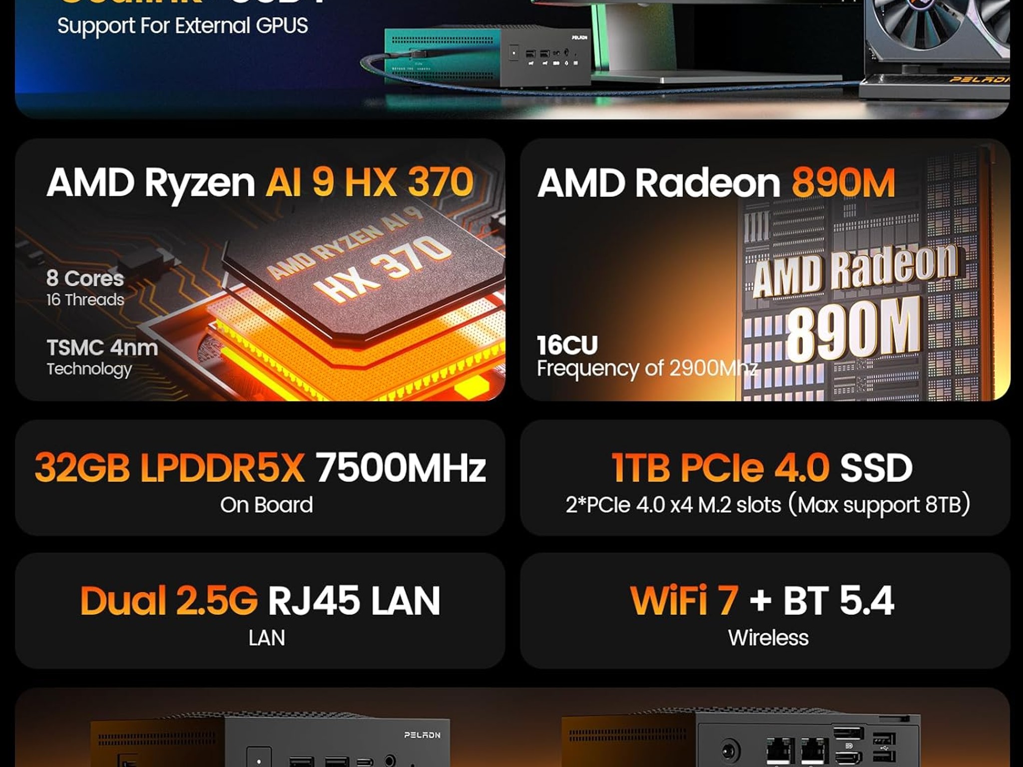 Ryzen AI 9 HX 370, 32GB DDR5 RAM + 1TB NVME SSD MINI PC PELADN