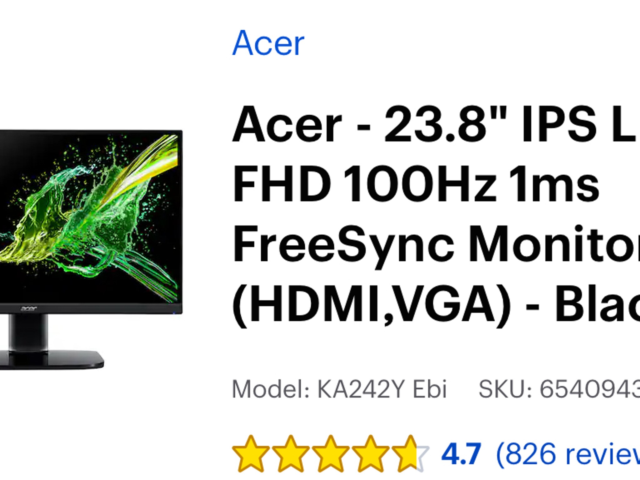 Acer - 23.8” IPS LED 100Hz 1ms FreeSync (HDMI, VGA) - Black