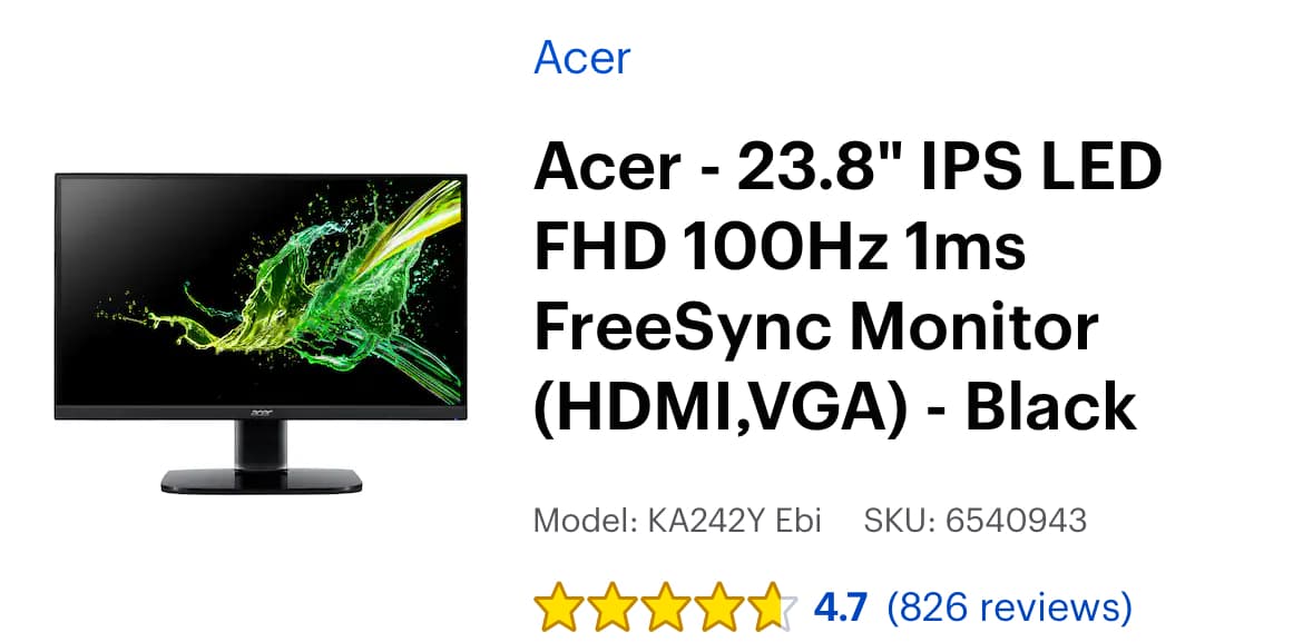 Acer - 23.8” IPS LED 100Hz 1ms FreeSync (HDMI, VGA) - Black
