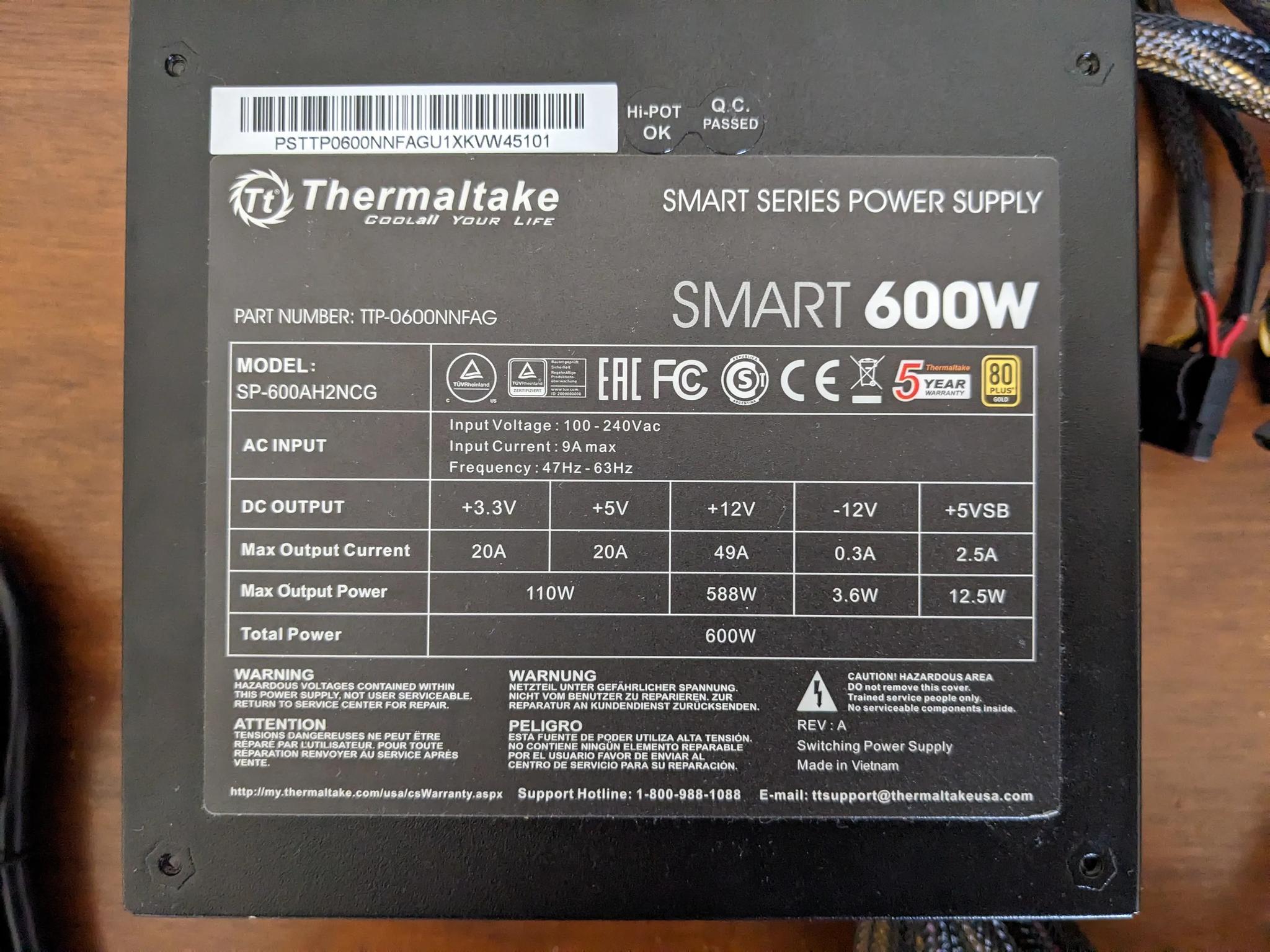 Thermaltake Smart 600W 80 Plus Gold Certified Used