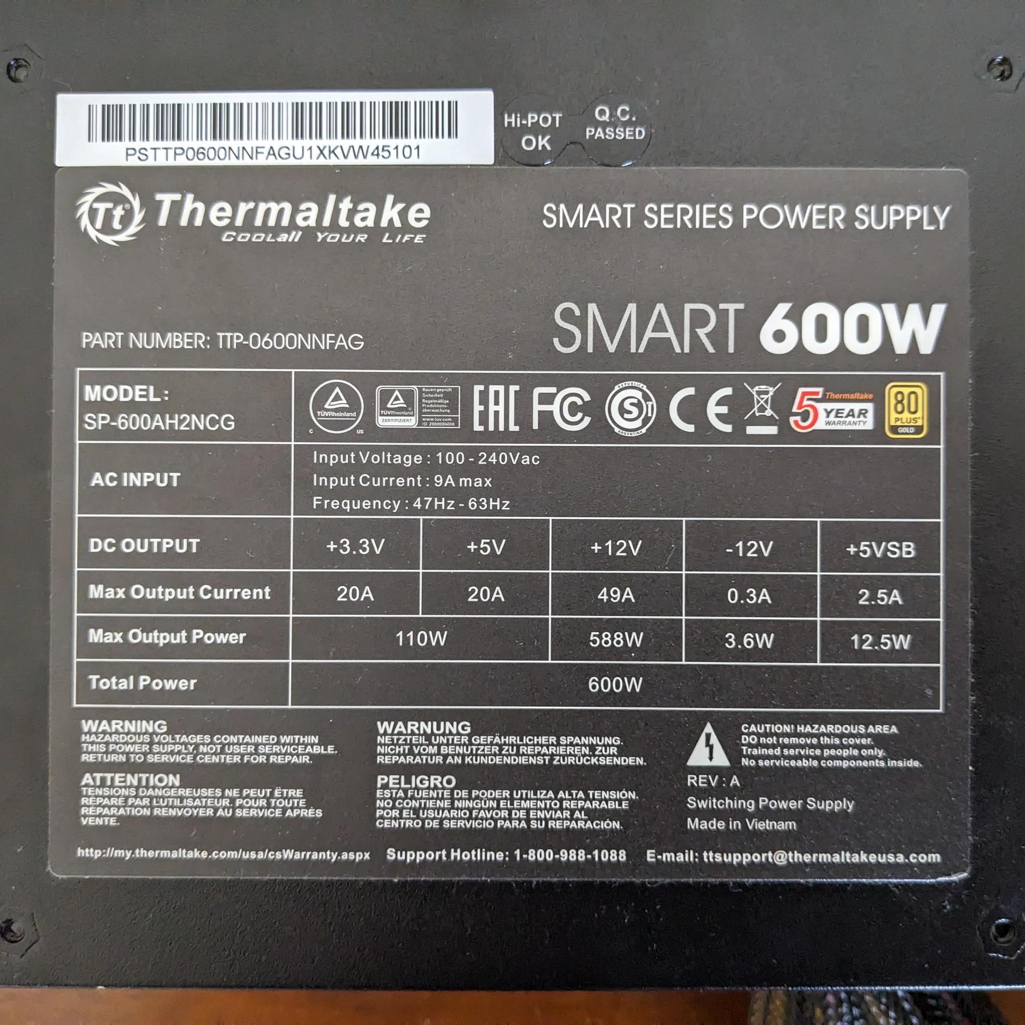 Thermaltake Smart 600W 80 Plus Gold Certified Used