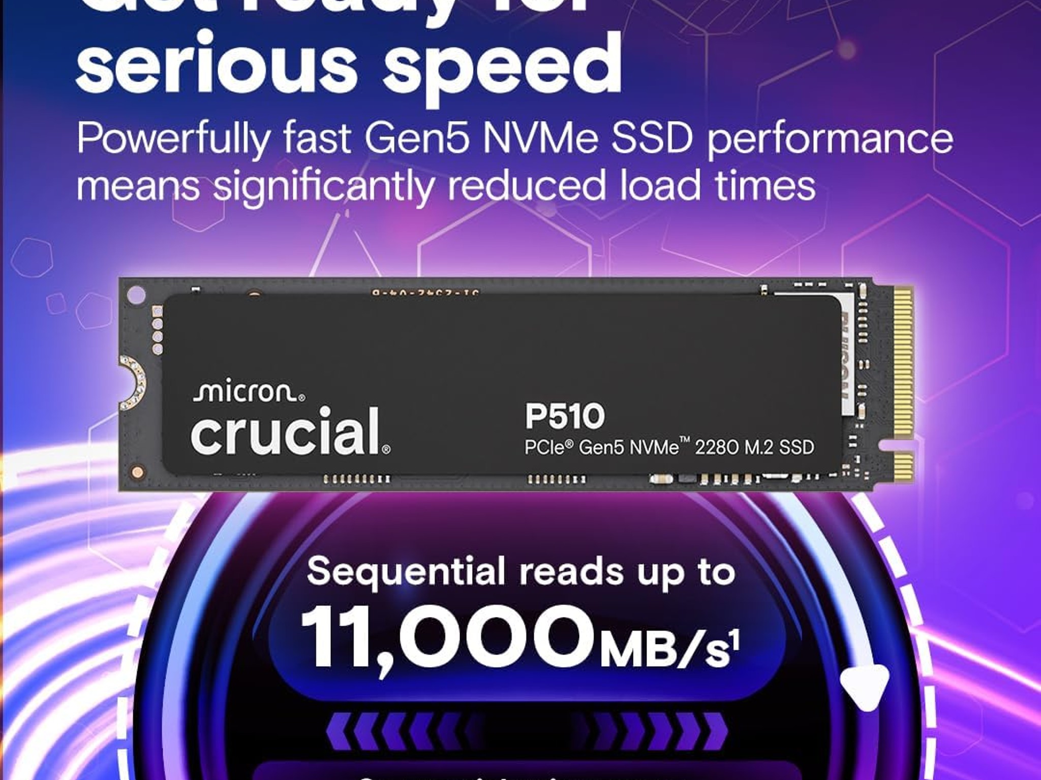 2TB Gen5 Crucial P510 PCIe NVMe, Up to 11,000MB/s, CT2000P510SSD8-01