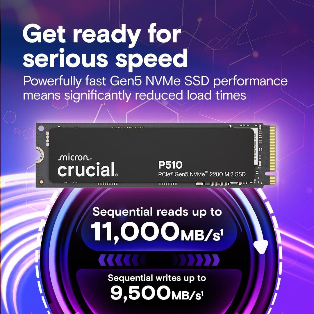 2TB Gen5 Crucial P510 PCIe NVMe, Up to 11,000MB/s, CT2000P510SSD8-01