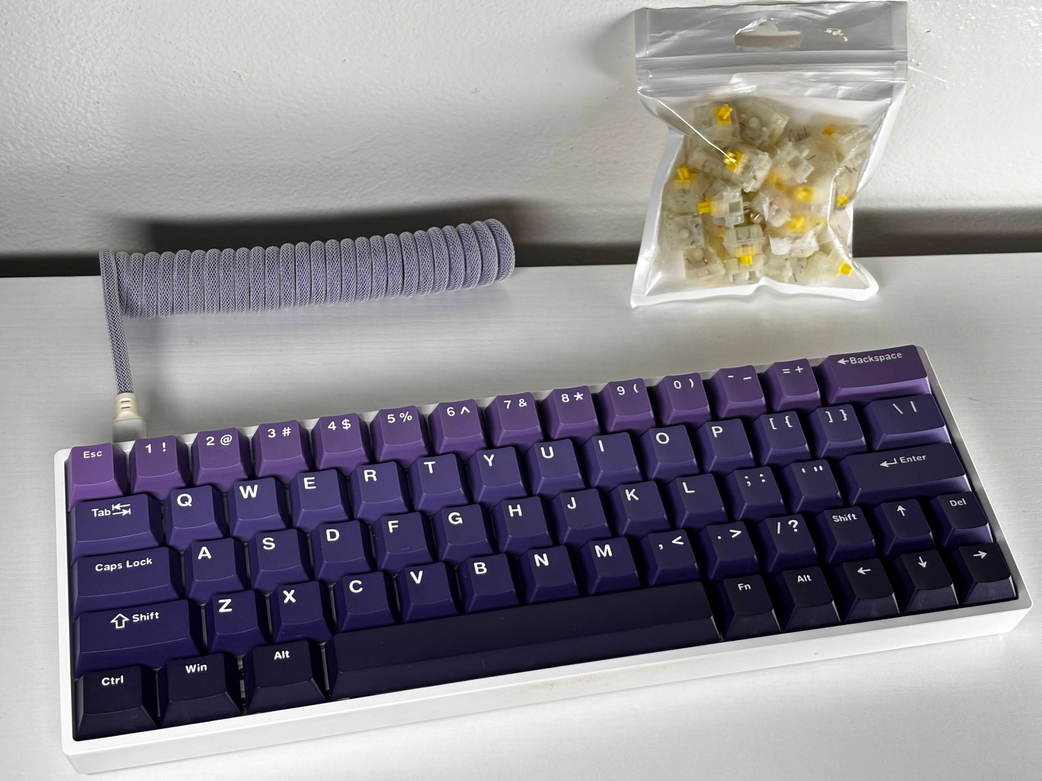 Quality RGB Custom Keyboard - Gateron Milky Yellow + Extras - Purple Hue Keycaps & Coiled Wire