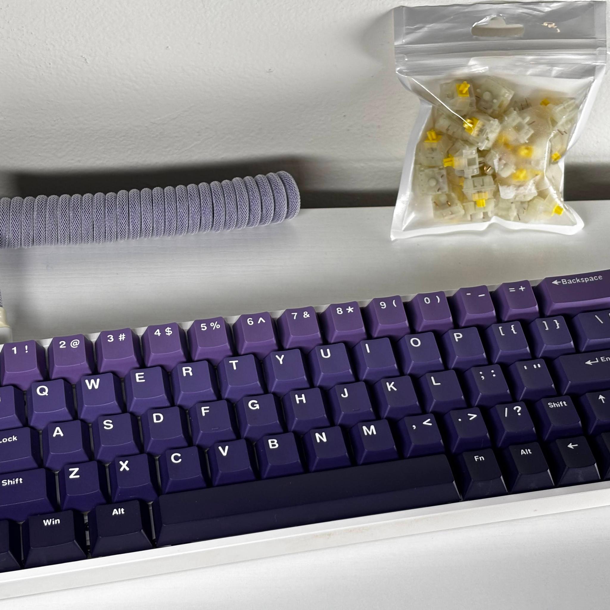 Quality RGB Custom Keyboard - Gateron Milky Yellow + Extras - Purple Hue Keycaps & Coiled Wire
