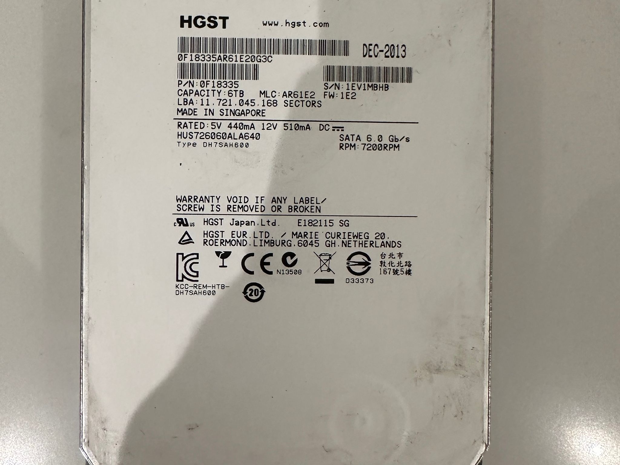 HGST 6TB 3.5" SATA Enterprise HDD 0F18335