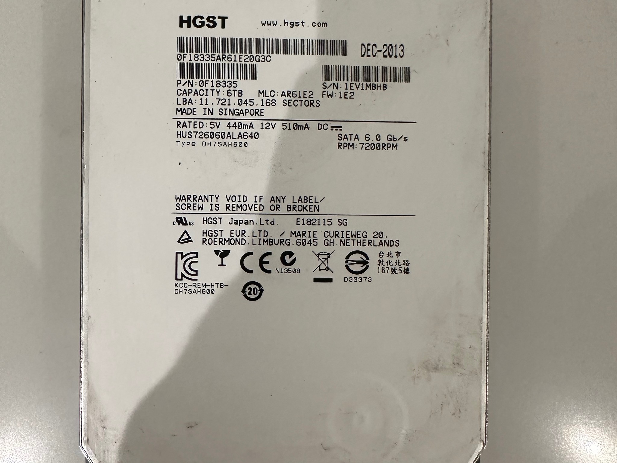 HGST 6TB 3.5" SATA Enterprise HDD 0F18335