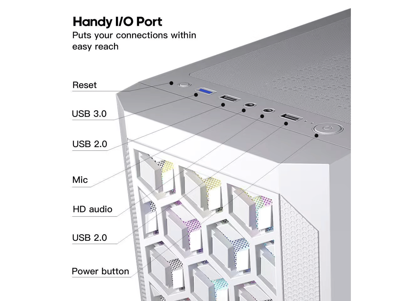 ESGAMING White Micro ATX Mini ITX Tower Micro ATX Case, Tempered Glass Side Panel, Rainbow LED Fans