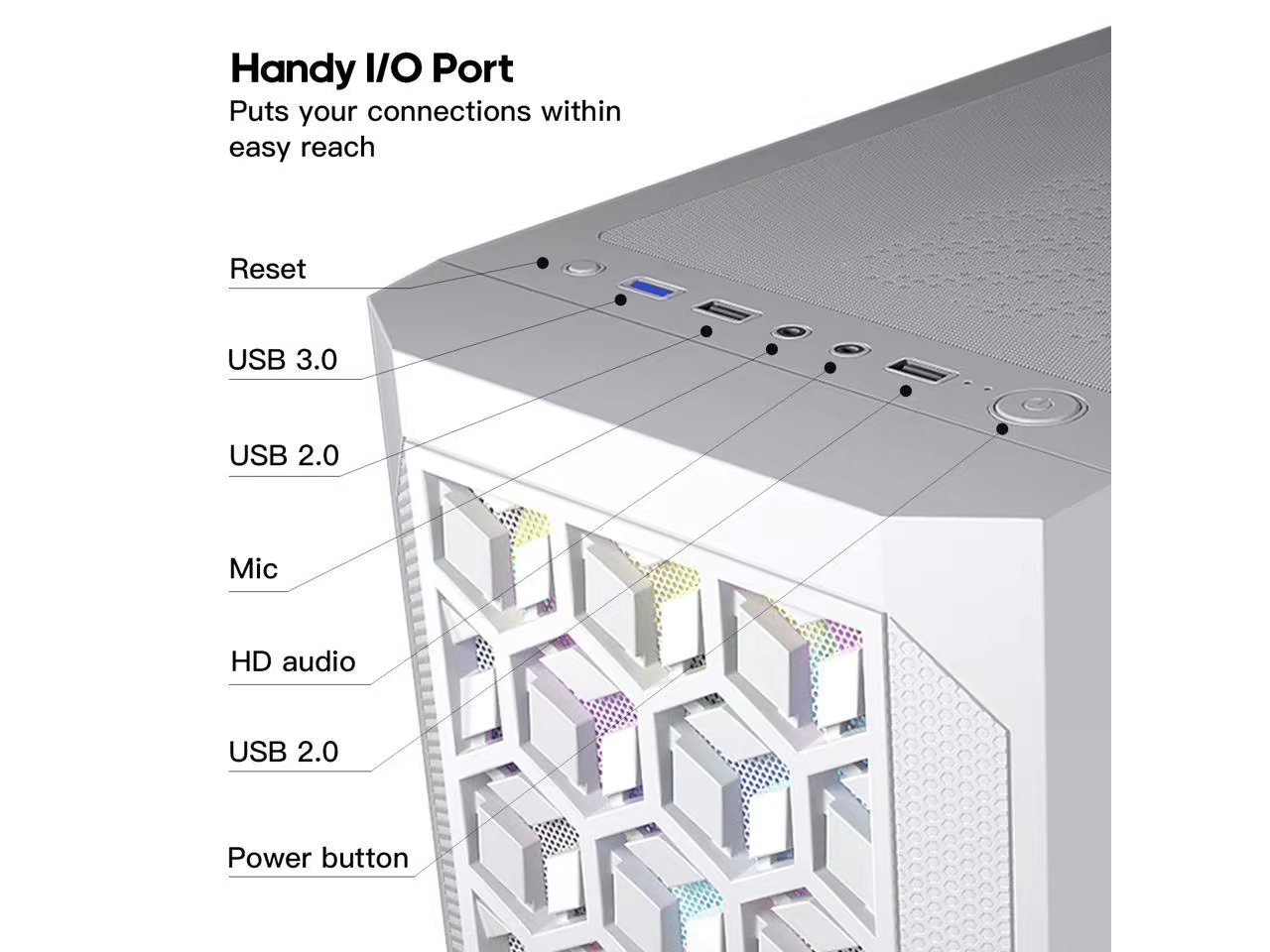 ESGAMING White Micro ATX Mini ITX Tower Micro ATX Case, Tempered Glass Side Panel, Rainbow LED Fans