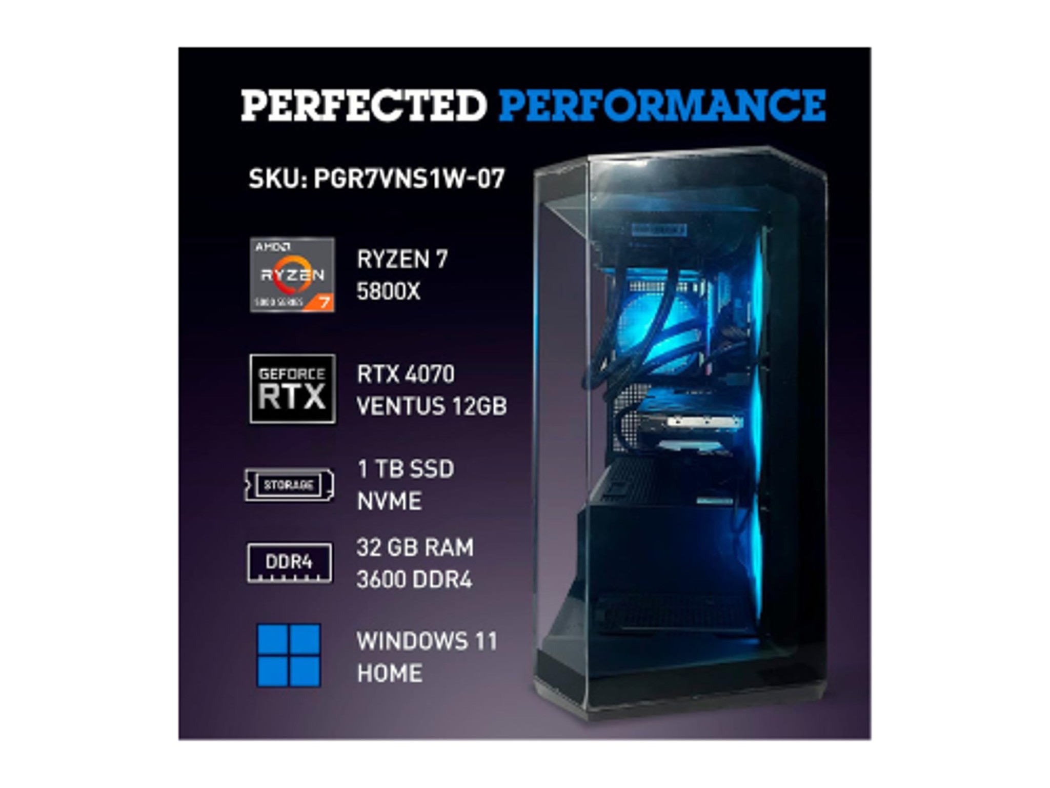 NSX Phoenix Ryzen 7 5800X, RTX 4070 12GB, 32GB DDR4 3600, 1TB SSD NVME, Win 11, WiFi, Mouse/Keyboard