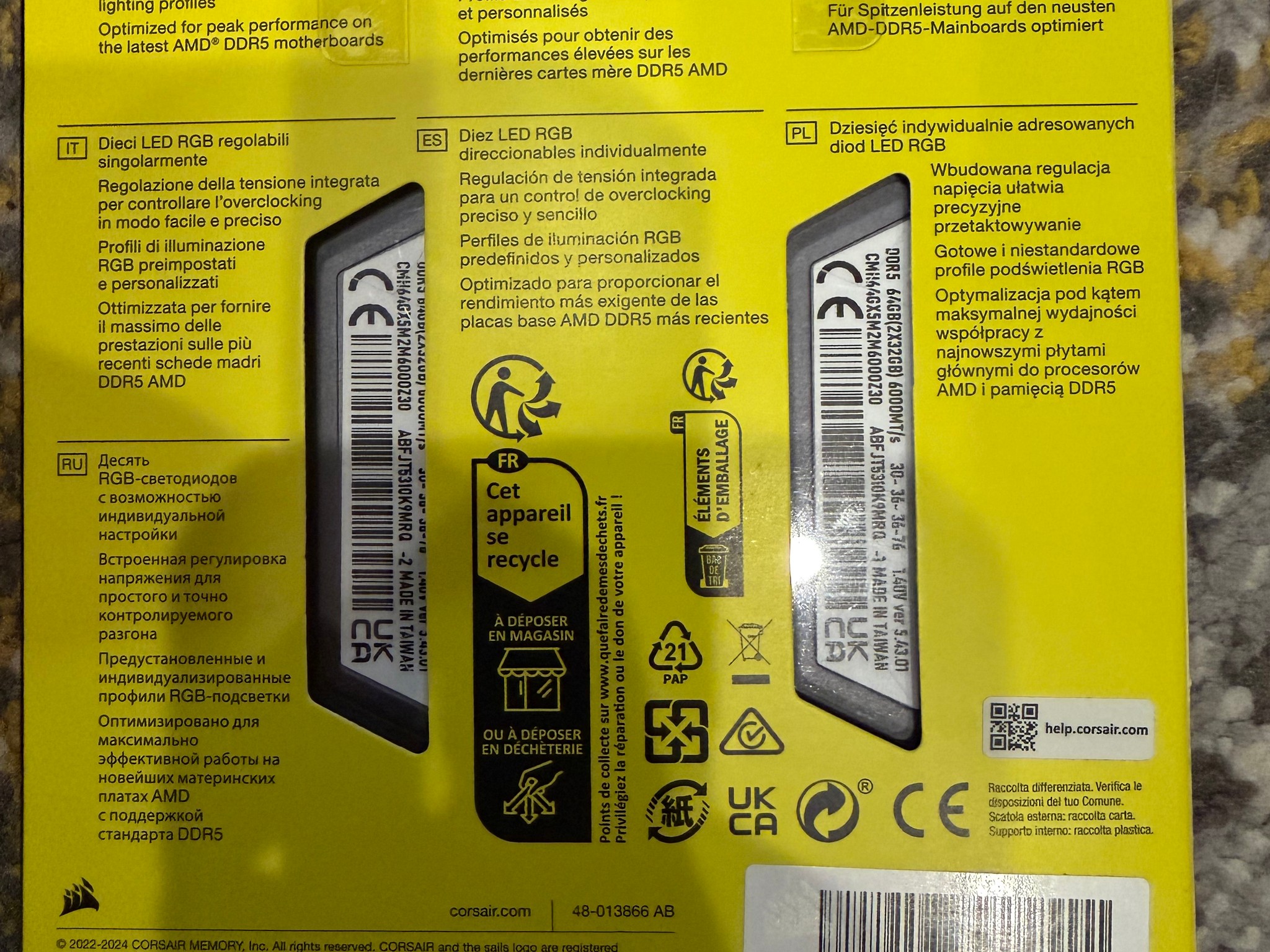 Corsair VENGEANCE RGB 64GB (2 x 32GB) DDR5-6000 PC5-48000 CL30 Dual Channel Desktop Memory Gray Kit