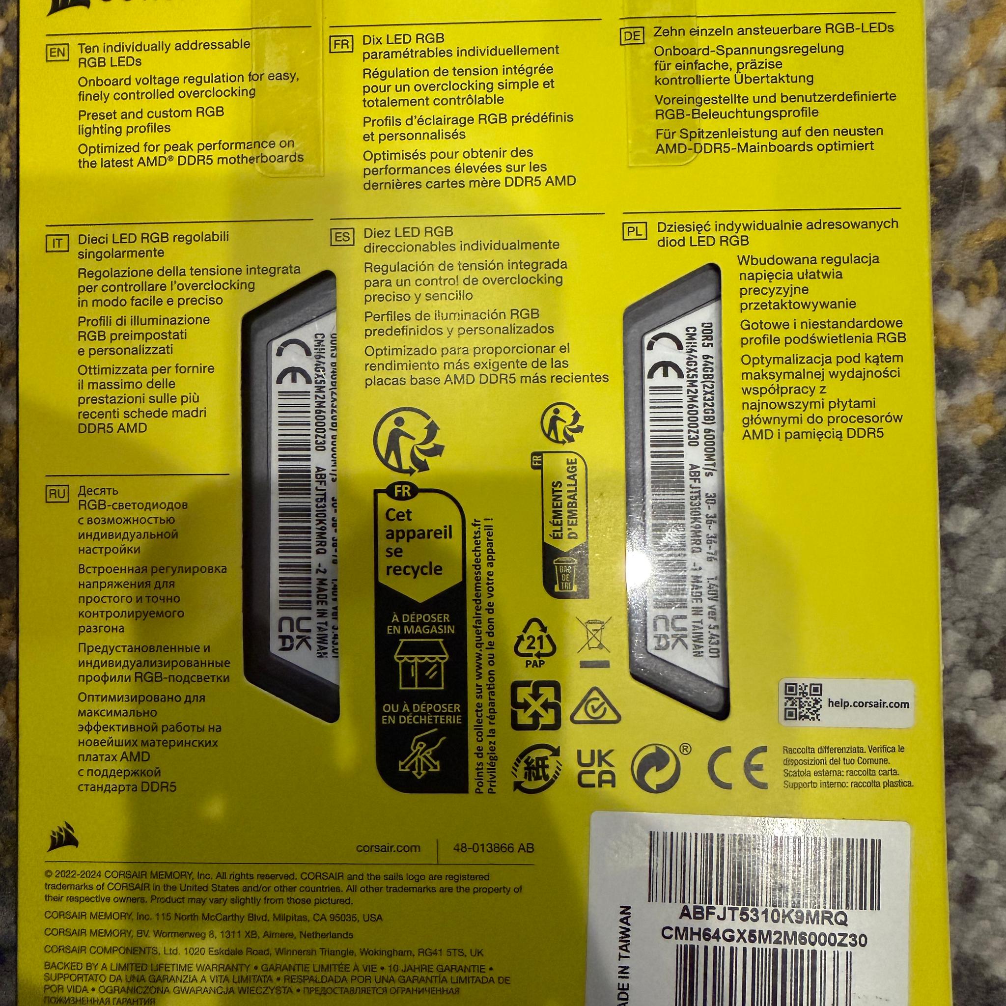 Corsair VENGEANCE RGB 64GB (2 x 32GB) DDR5-6000 PC5-48000 CL30 Dual Channel Desktop Memory Gray Kit
