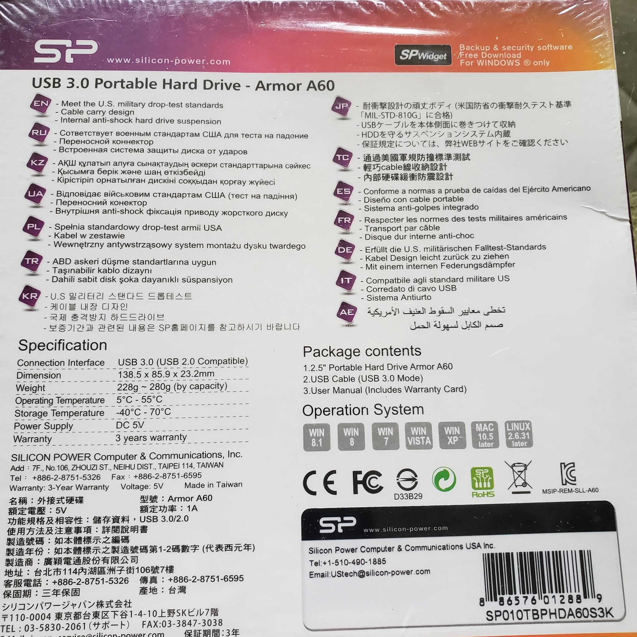 NEW Silicon Power 1TB Armor A60 Shockproof and Water-Resistant Portable Hard Drive USB 3.0 Black