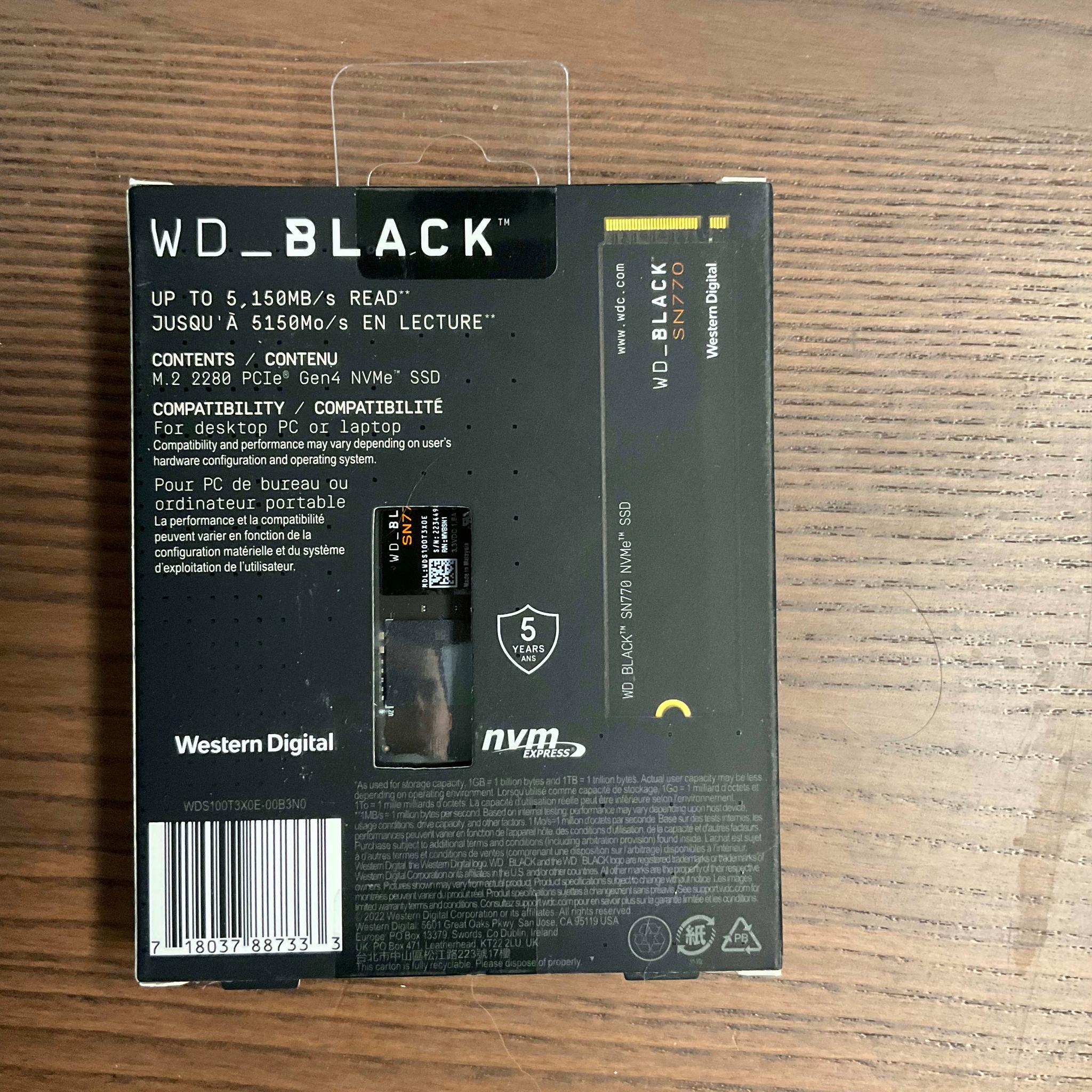 WD Black SN770 1TB PCIE 4.0 NVME SSD