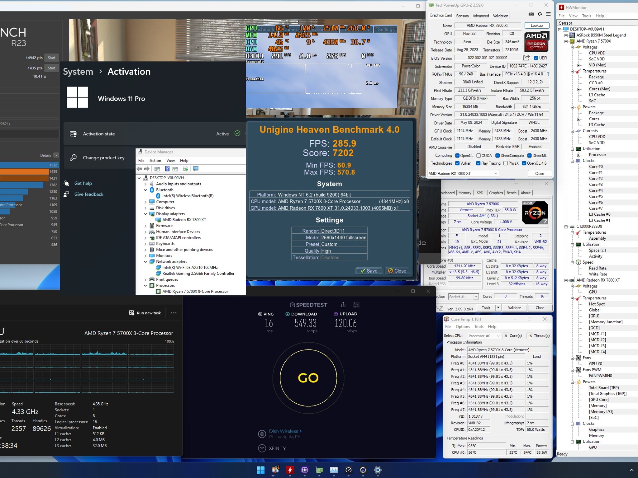 Ryzen 7 5700x 8 cores,  Radeon RX7800xt 16GB, 32GB RAM DDR4 3600, NVMe ssd 2TB, PSU Corsair 850w