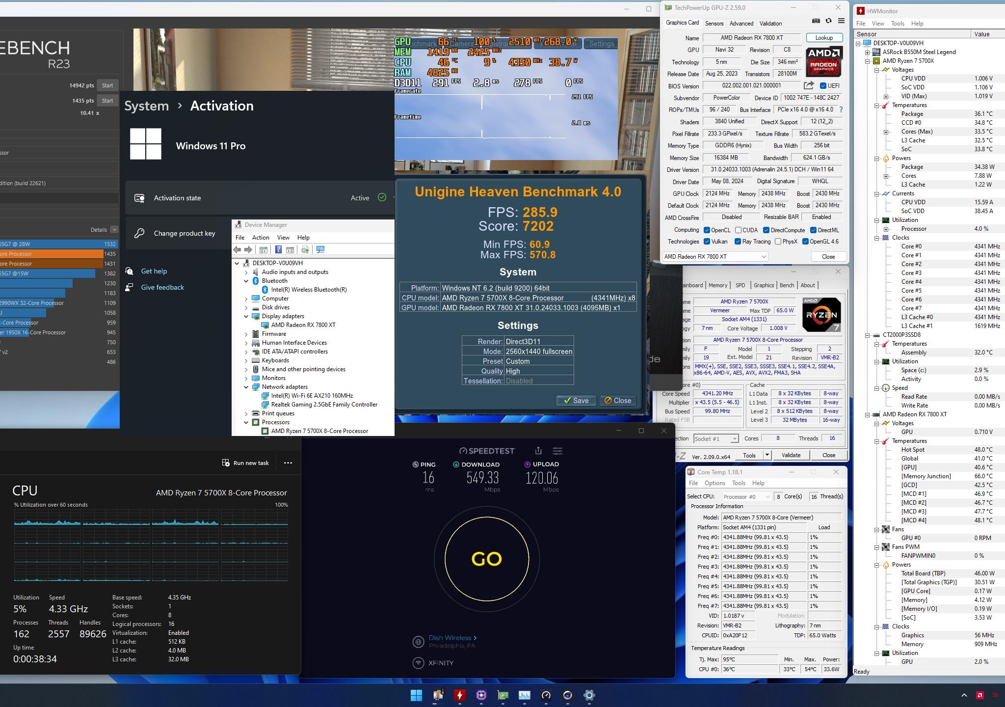 Ryzen 7 5700x 8 cores,  Radeon RX7800xt 16GB, 32GB RAM DDR4 3600, NVMe ssd 2TB, PSU Corsair 850w