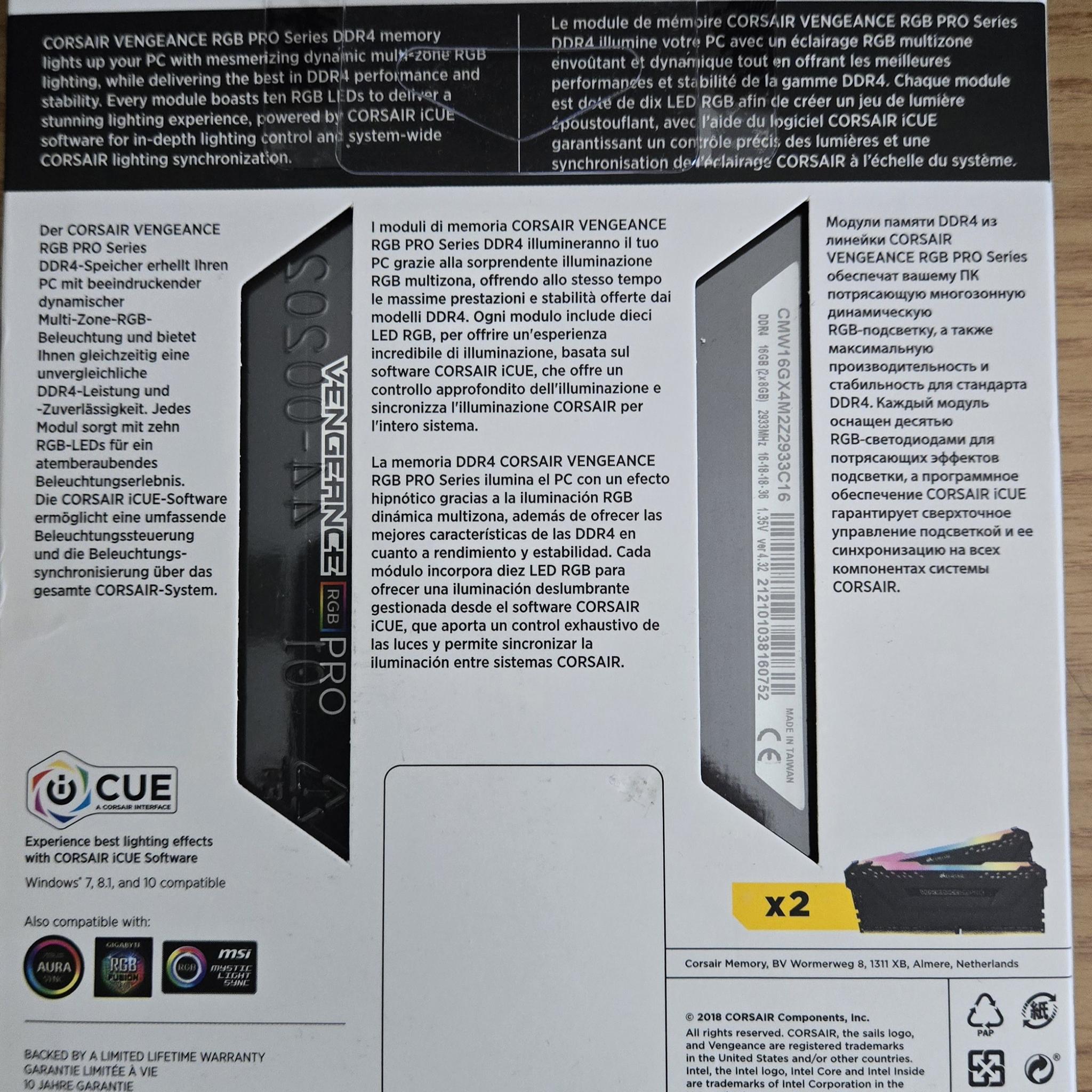 USED Corsair Vengeance RGB PRO 16GB (2x8GB) DDR4 Desktop RAM