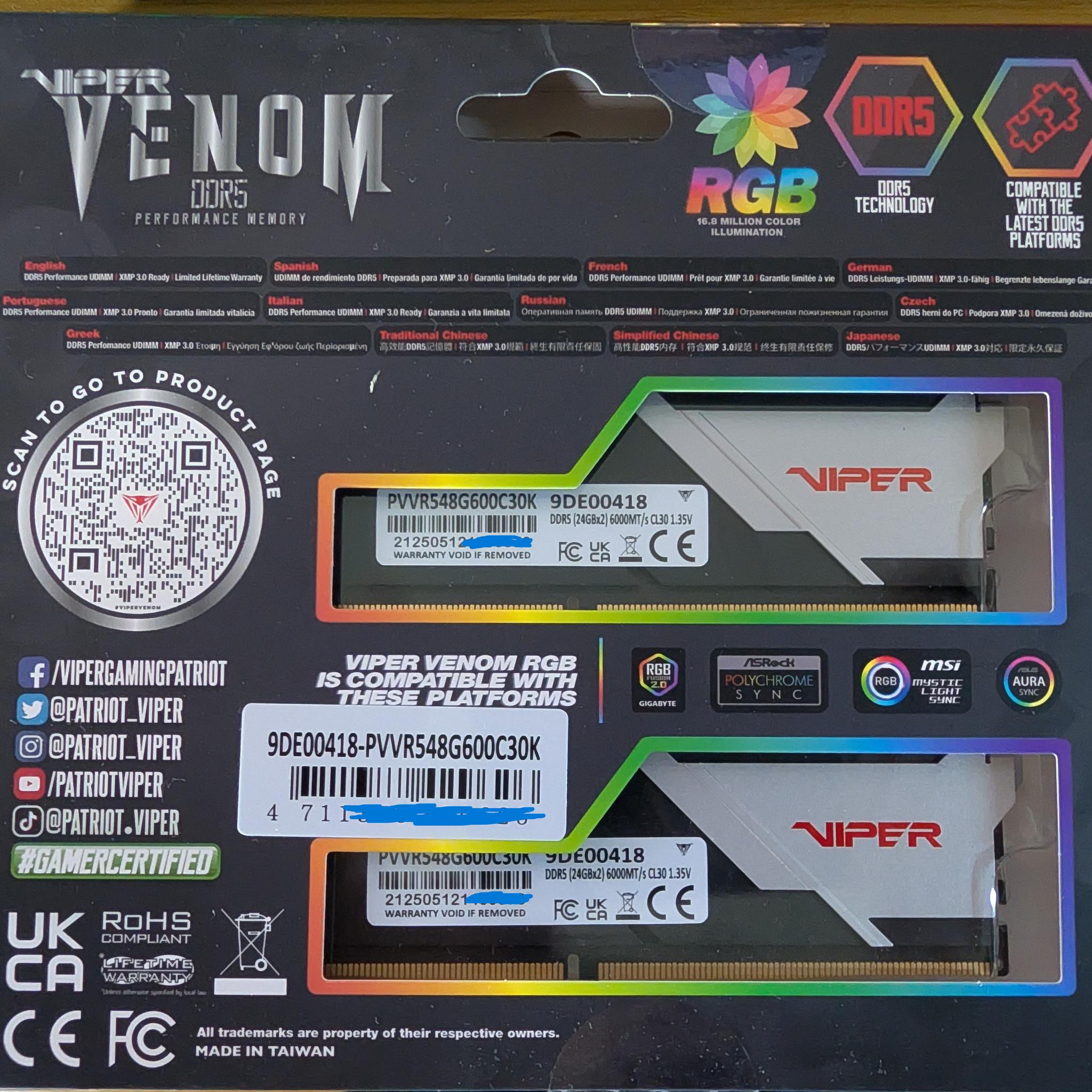 Patriot Viper Venom DDR5 48GB (2x24GB) 6000MT/s CL30-NEW OPEN BOX