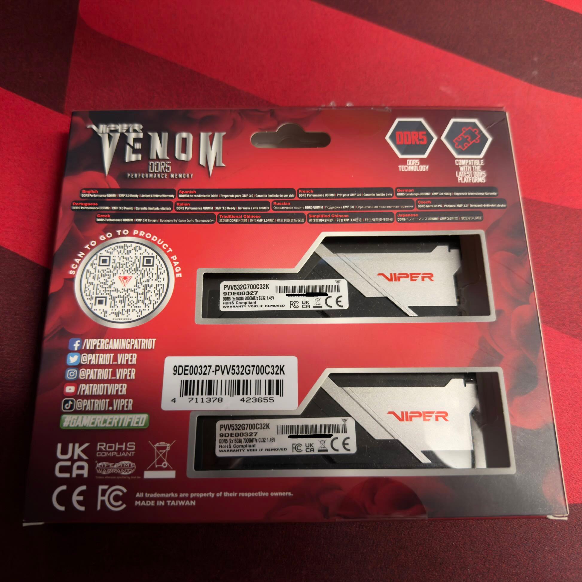 Patriot Viper Venom 32 GB (2 x 16 GB) DDR5-7000 CL32 Memory PVV532G700C32K