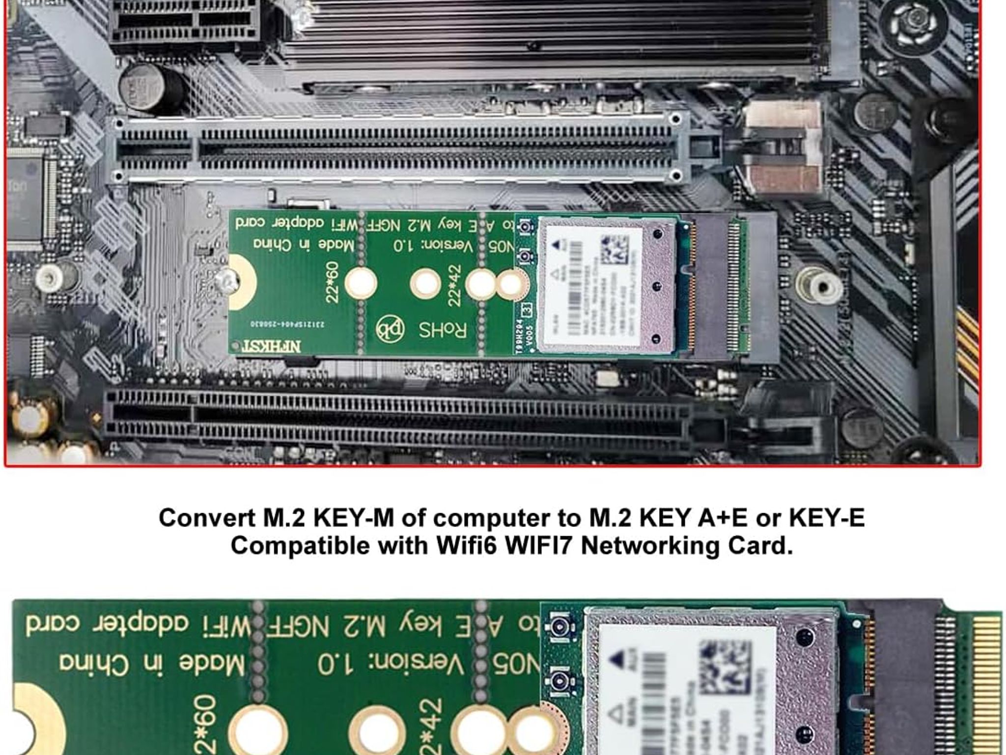 NFHK WiFi Riser Card NGFF Key-E Wireless Networking Card to M.2 NGFF NVME SSD Adapter Key-M