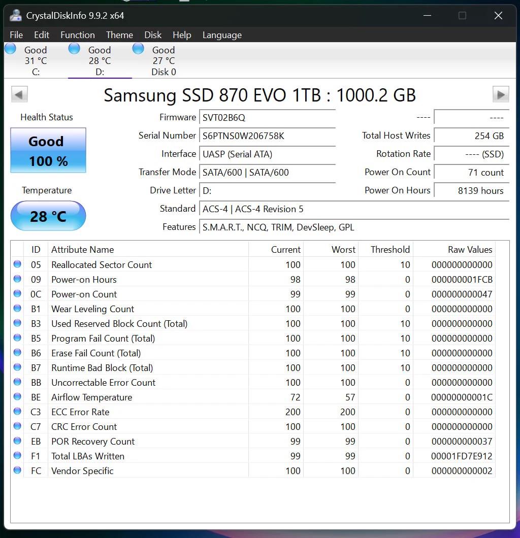 Samsung 870 EVO 1TB SATA SSDs - 99-100% Health