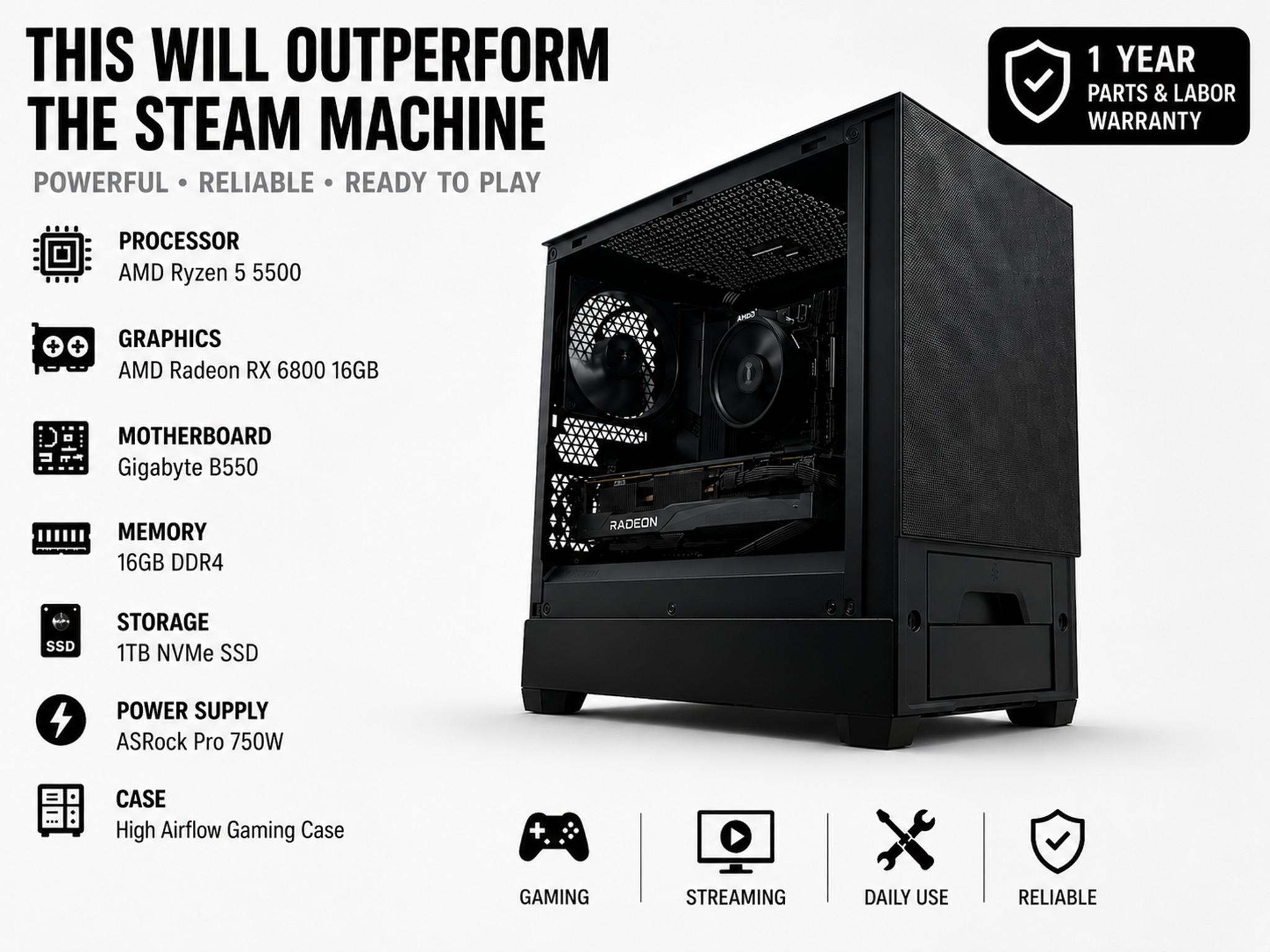 🚨💥Steam Machine NO More Performance for less 💥🚨 6800 | 16GB RAM | 750W80+ gold PSU | AMD 5500