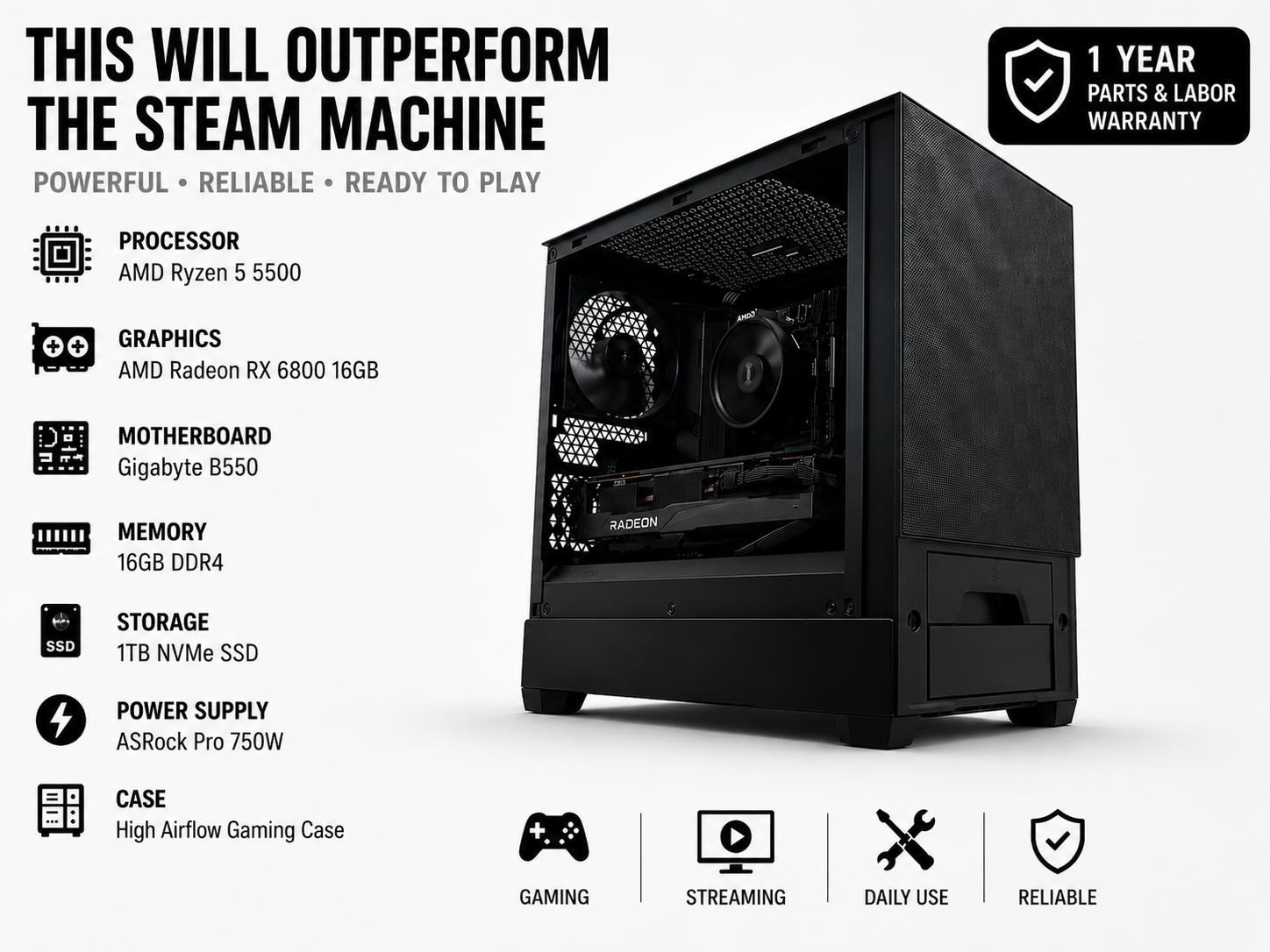🚨💥Steam Machine NO More Performance for less 💥🚨 6800 | 16GB RAM | 750W80+ gold PSU | AMD 5500