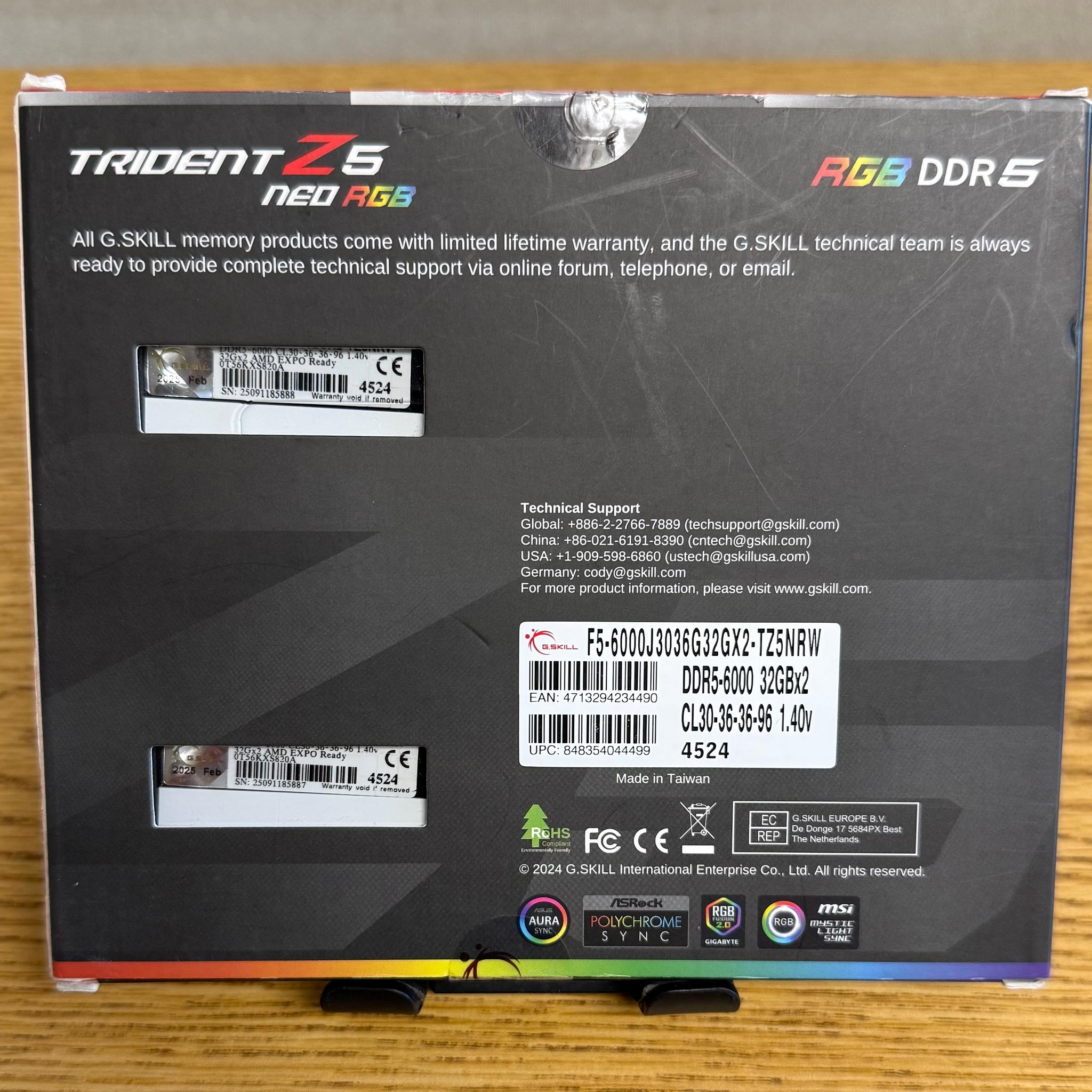 NEW 64GB 6000MHz CL30 White G.Skill Trident Z5 RGB (2x32GB) DDR5 RAM - AMD EXPO