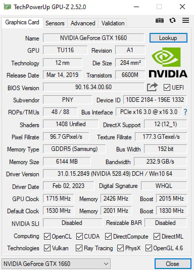 PNY GTX 1660 XLR8 O/C 