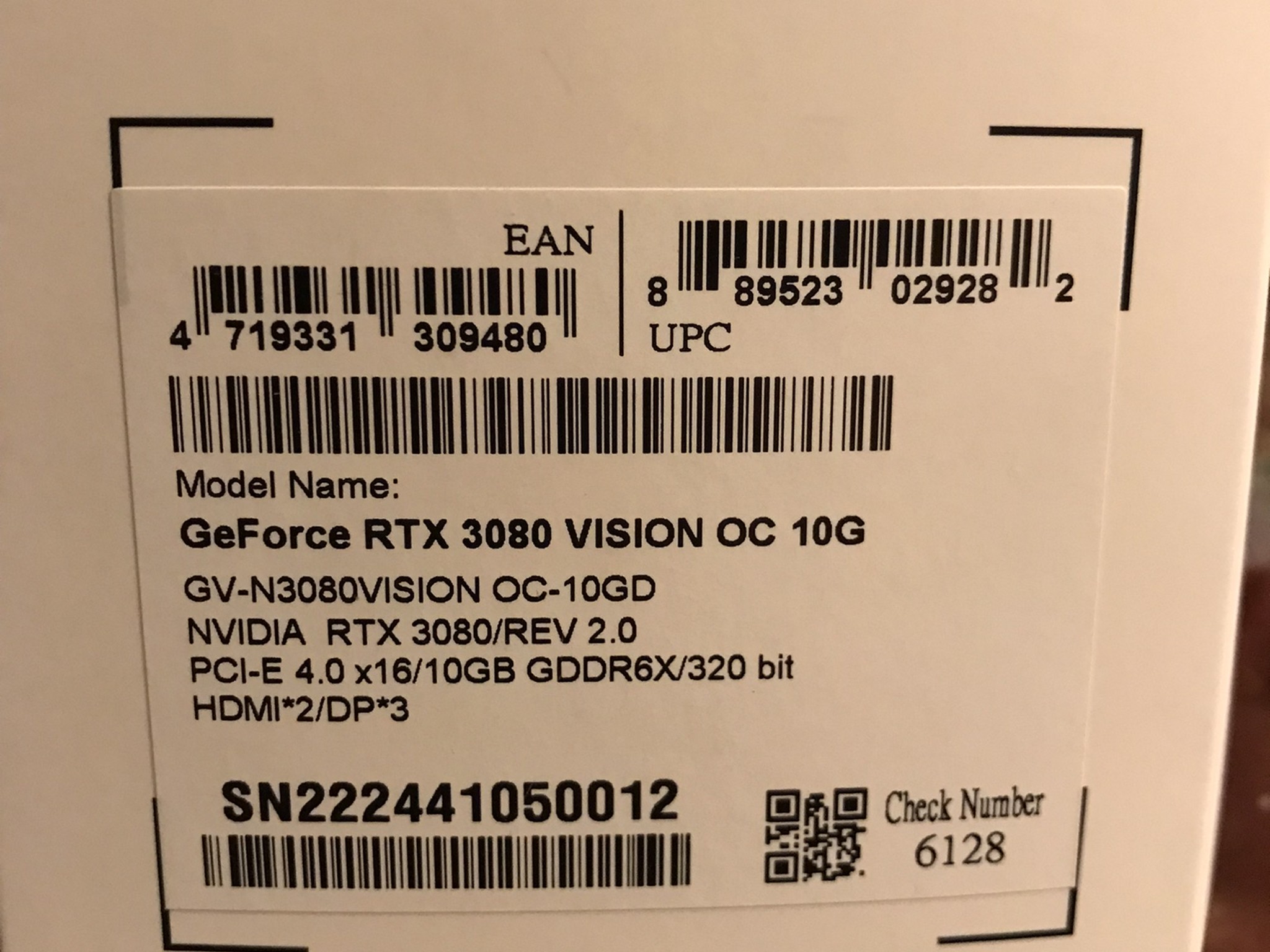 GIGABYTE GeForce RTX 3080 VISION OC 10GB GDDR6X V2 LHR Graphics Card- White