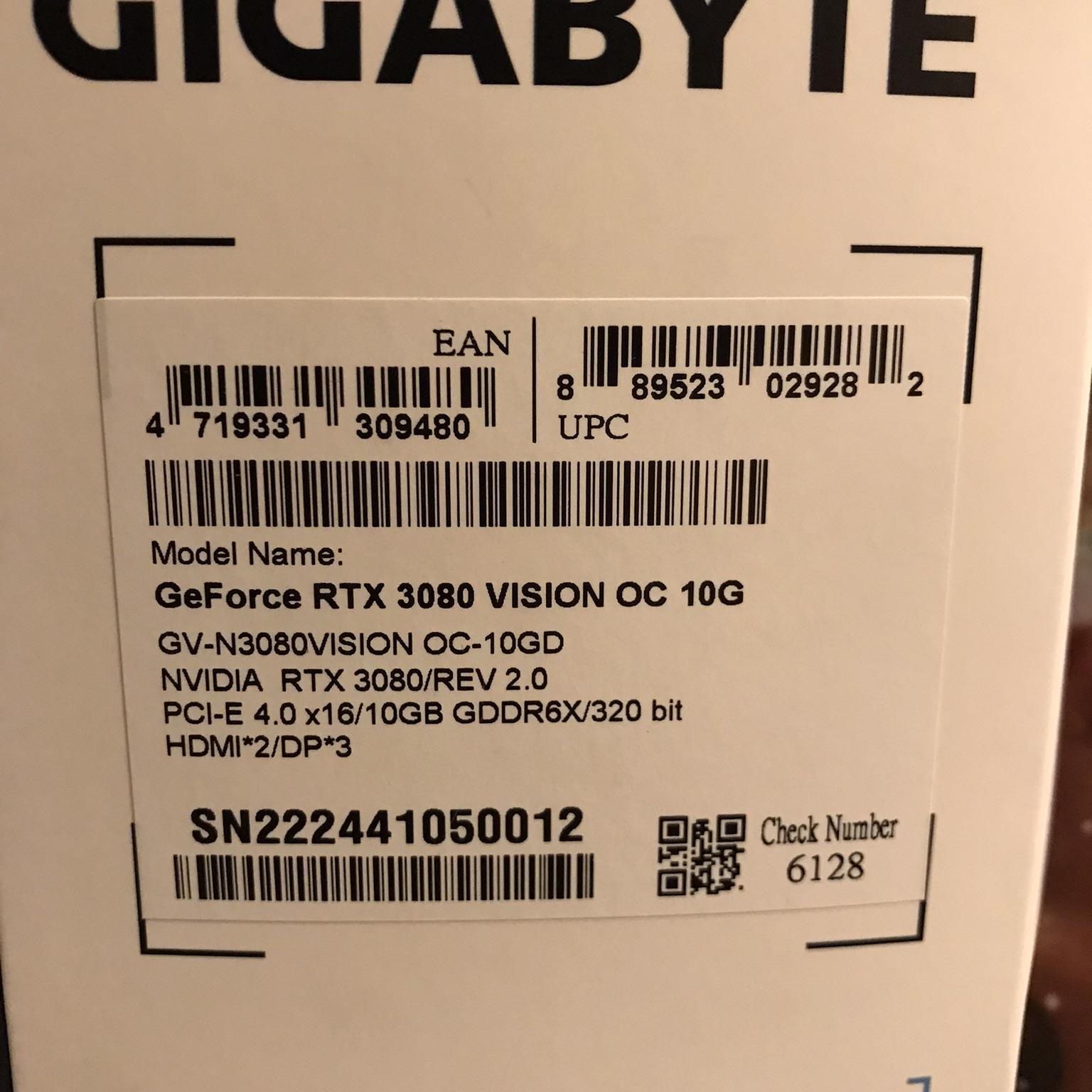 GIGABYTE GeForce RTX 3080 VISION OC 10GB GDDR6X V2 LHR Graphics Card- White