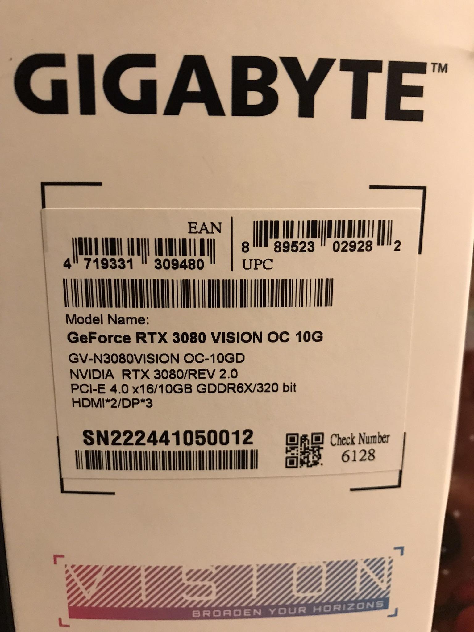 GIGABYTE GeForce RTX 3080 VISION OC 10GB GDDR6X V2 LHR Graphics Card- White