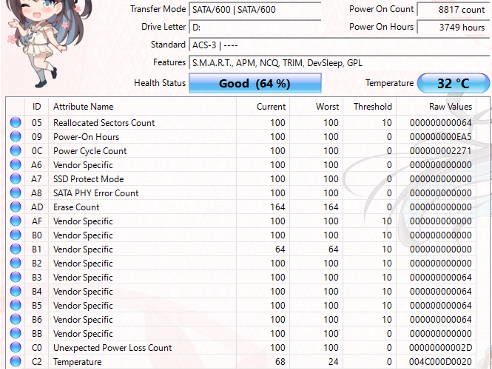 Toshiba 128GB M.2 SATA SSD Tested Working 64% Health
