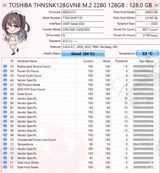 Toshiba 128GB M.2 SATA SSD Tested Working 64% Health