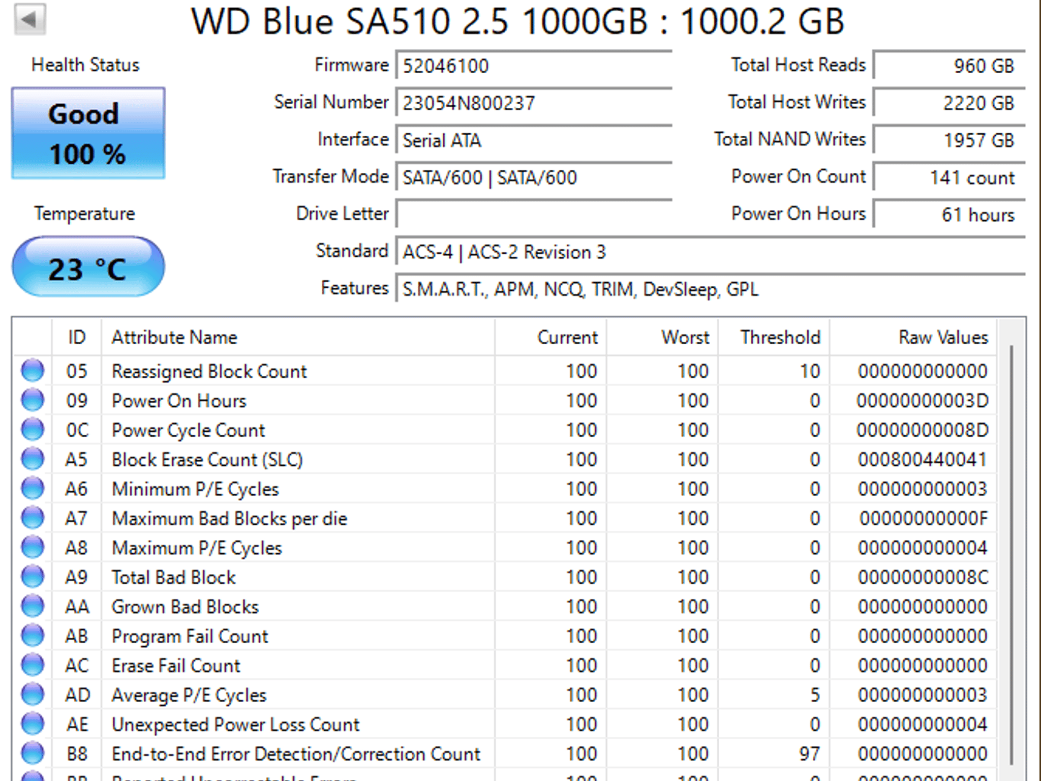 WD Blue SA510 1TB SATA SSD - Like New (Only 61 Hours!) - 100% Health
