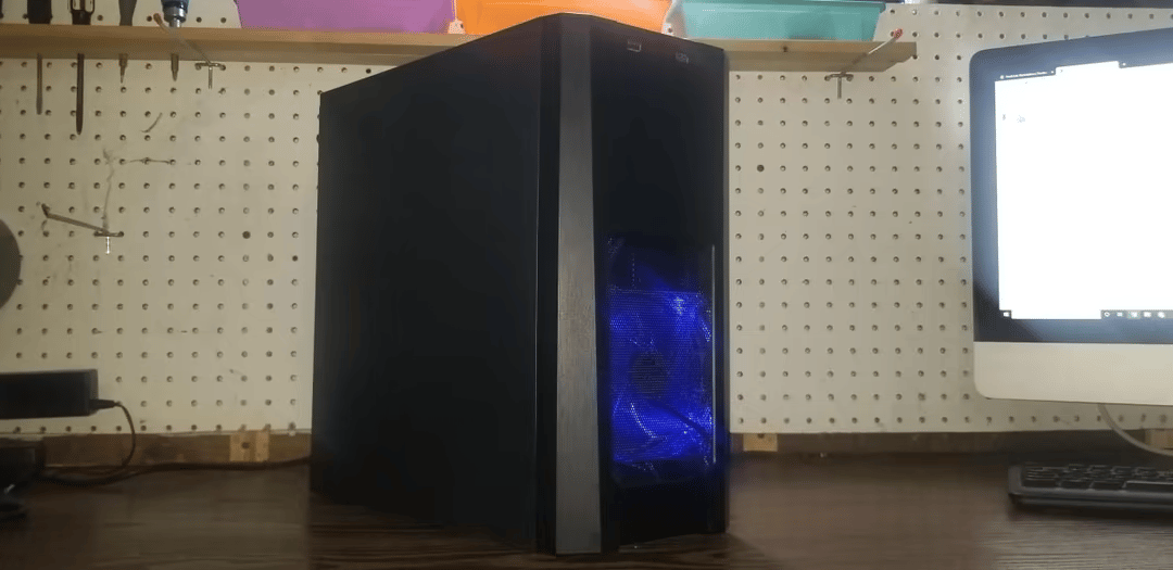 budget gaming pc. black with blue led.