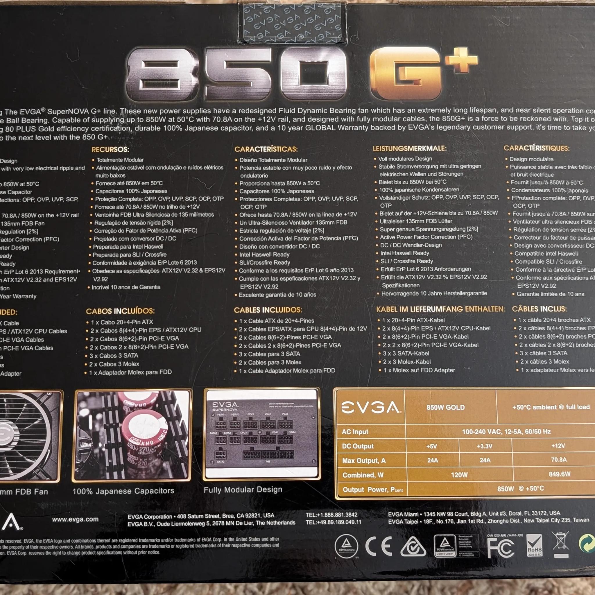 EVGA SuperNOVA 850 G+, 80 Plus Gold 850W, Fully Modular