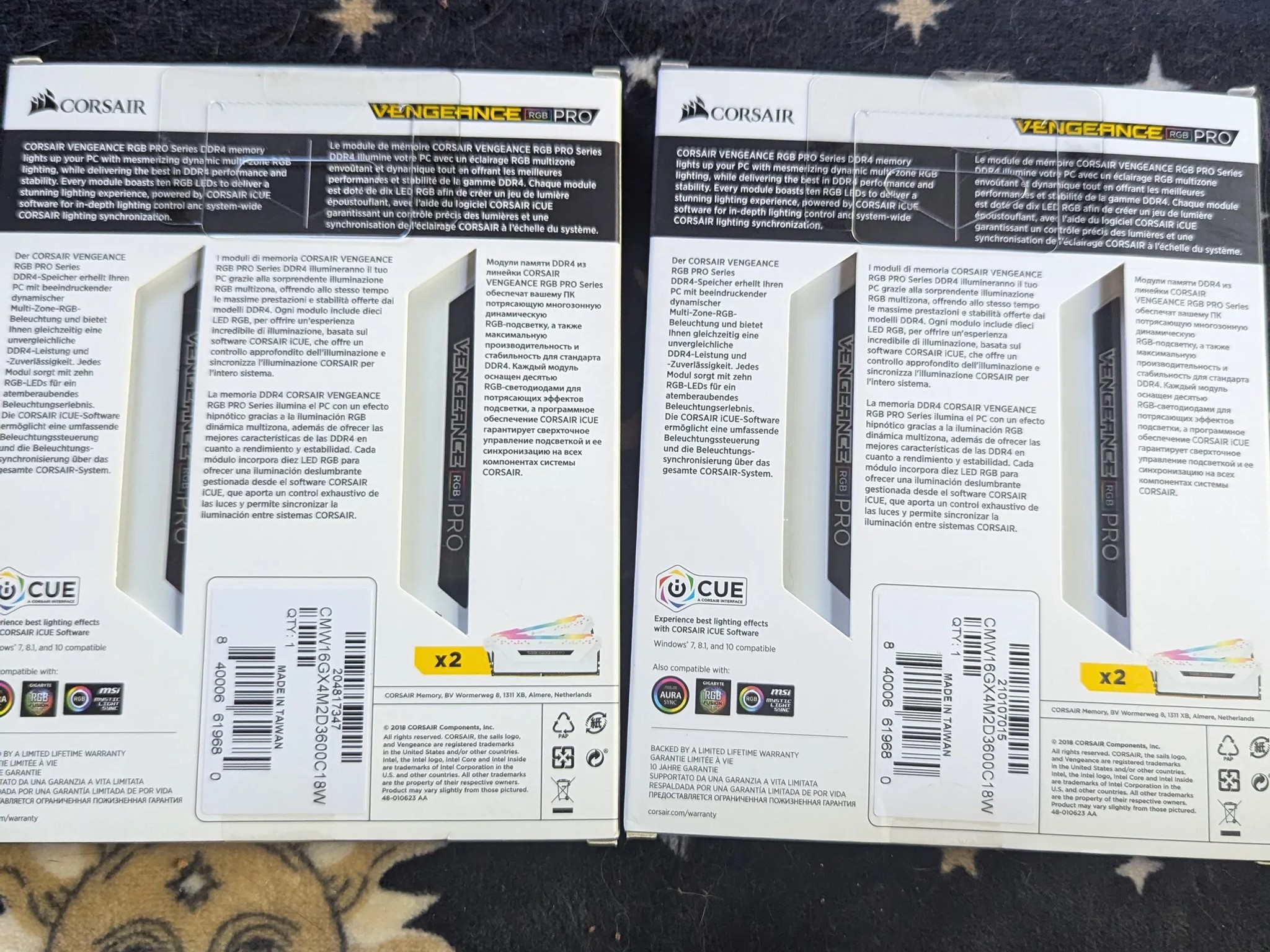 2 packs of 2X8gb (32 GB TOTAL) Corasair Vengence RGB Pro 3600MHZ