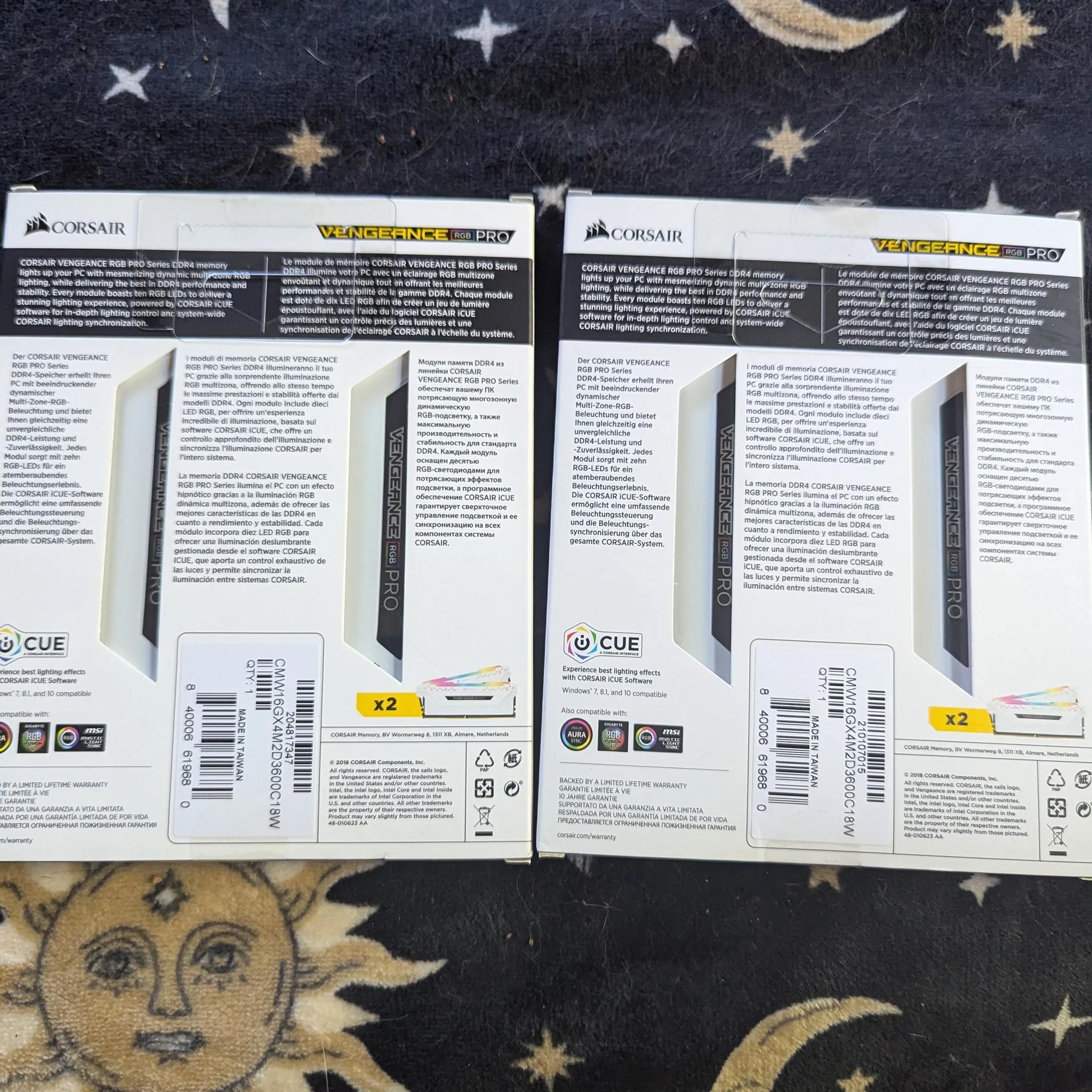 2 packs of 2X8gb (32 GB TOTAL) Corasair Vengence RGB Pro 3600MHZ