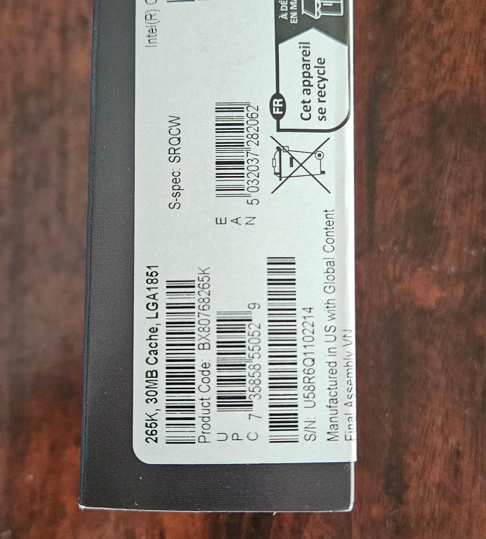 BNIB Intel Core Ultra Series 2 265K CPU