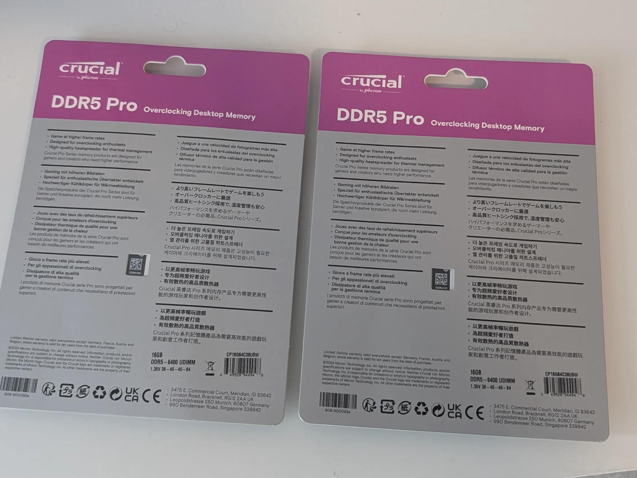 Brand New 2x16GB Crucial Pro Overclocking DDR5 6400 MT/s CL38 CP16G64C38U5W, XMP/EXPO Compatible