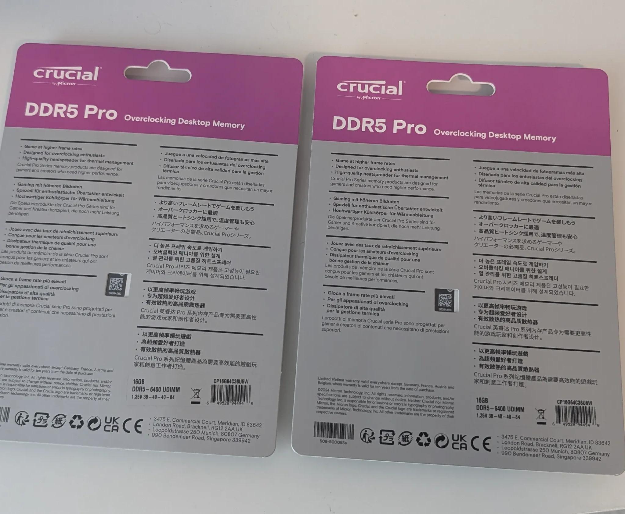 Brand New 2x16GB Crucial Pro Overclocking DDR5 6400 MT/s CL38 CP16G64C38U5W, XMP/EXPO Compatible