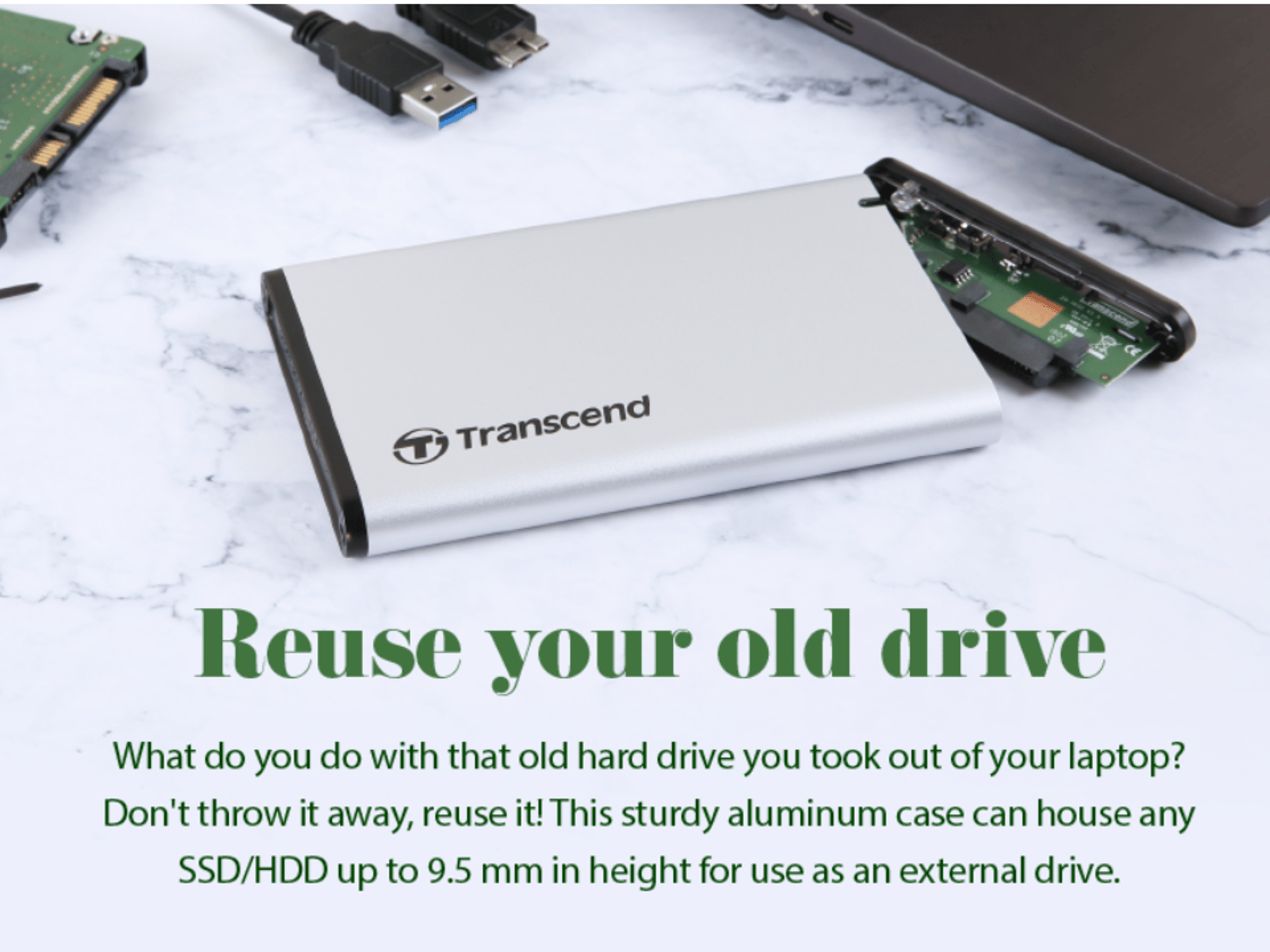 NEW TRANSCEND 2.5” SSD/HDD EXTERNAL ALUMINIUM ENCLOSURE, USB 3.0, One Touch Backup