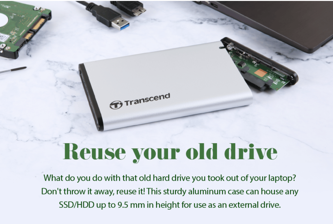 NEW TRANSCEND 2.5” SSD/HDD EXTERNAL ALUMINIUM ENCLOSURE, USB 3.0, One Touch Backup