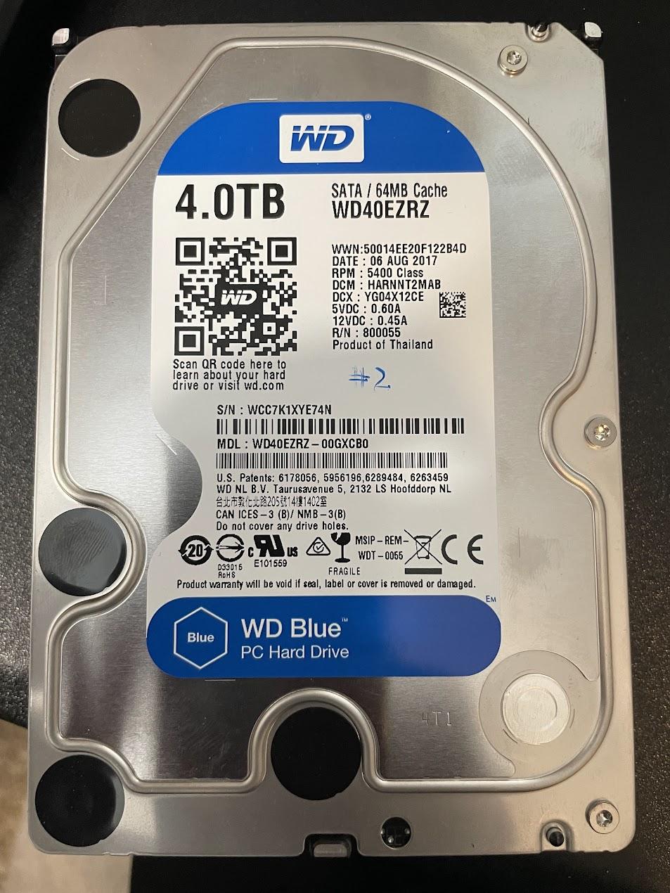 USED - WD Blue 4TB Desktop Hard Disk Drive - 5400 RPM SATA 6Gb/s 64MB Cache 3.5 Inch - WD40EZRZ